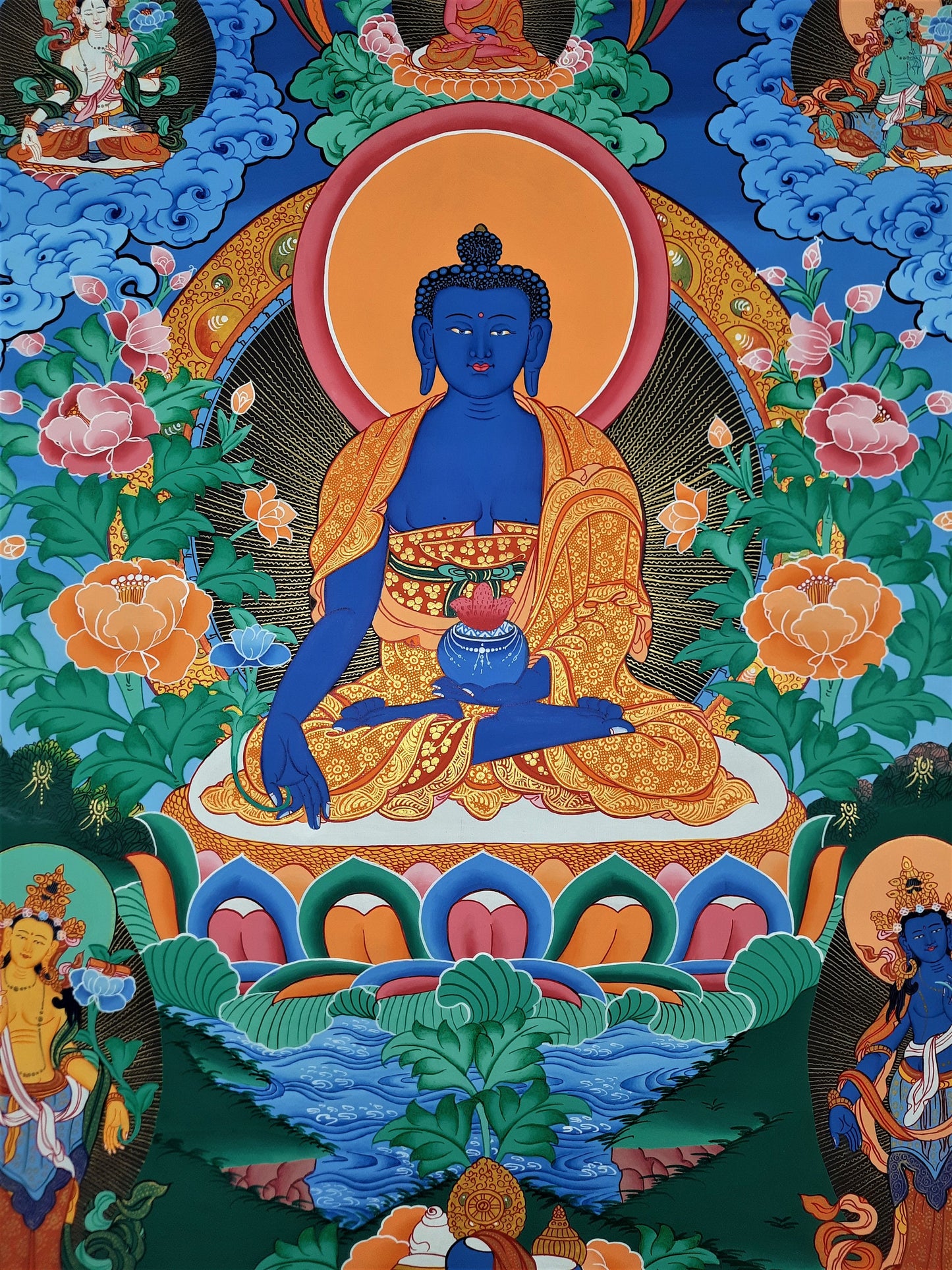Hand-painted MEDICINE BUDDHA, Bhaisajyaguru, Buddha of Healing and Meditation, Thangka, 20 x 28-Inch
