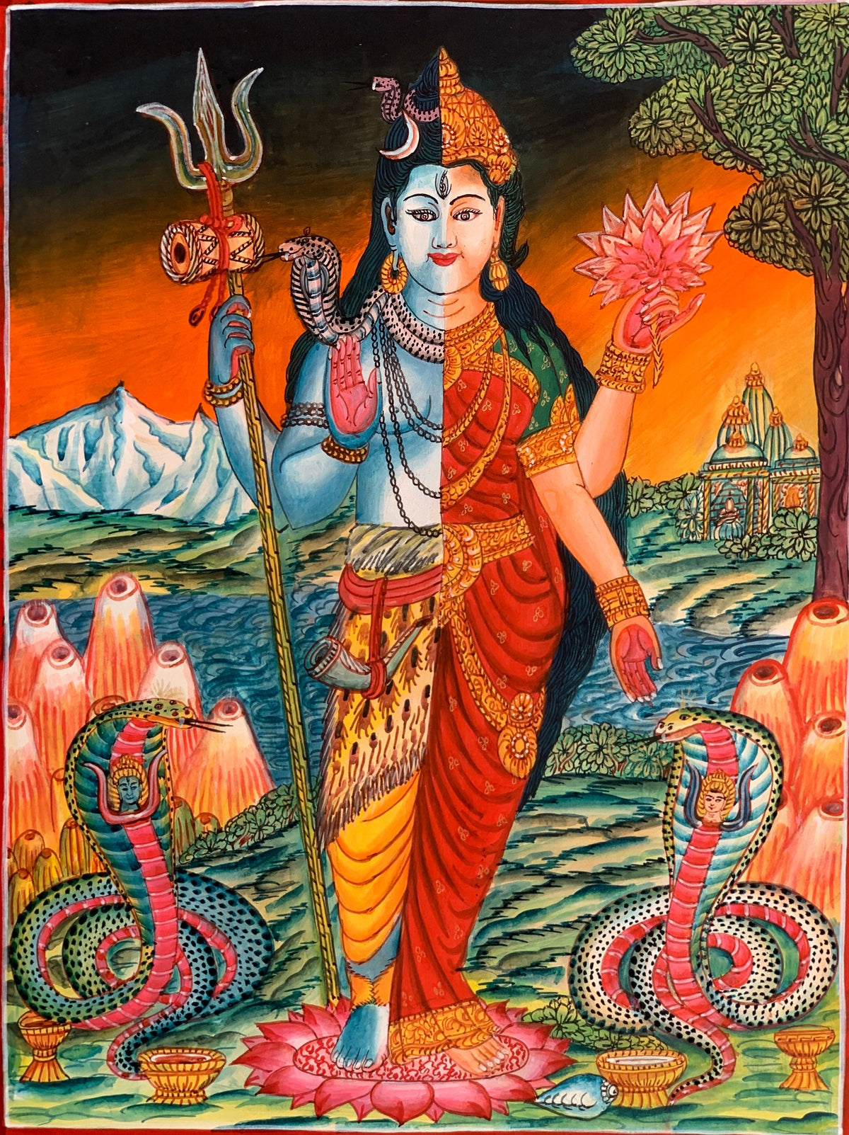 Ardhanarishvara, Purush and Prakriti, Shiva and Shakti, Newari Pauba, Pauva, Thangka Painting, Original Art