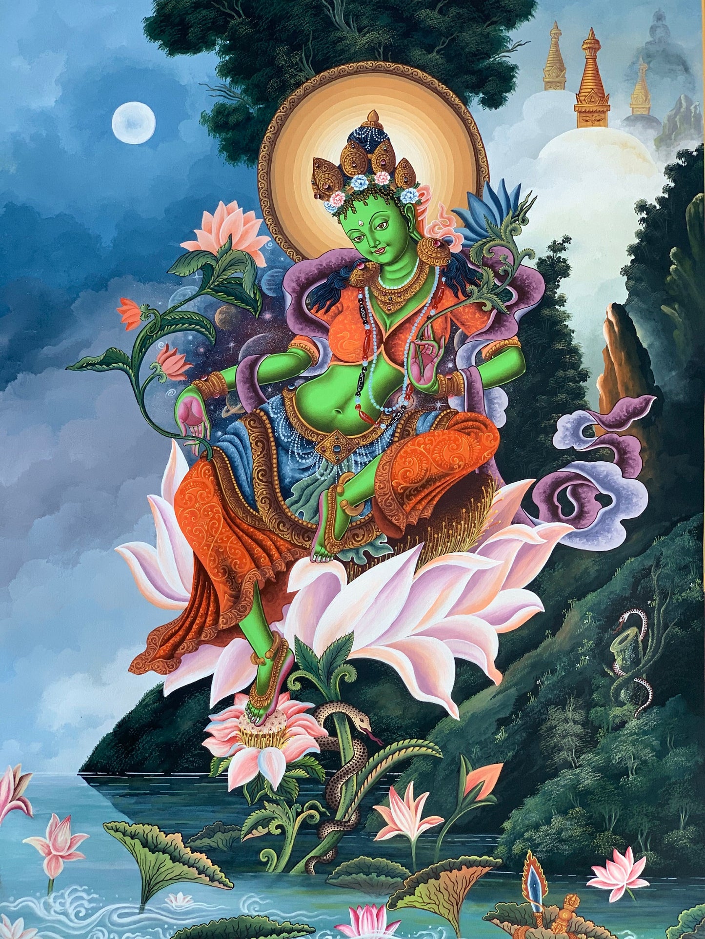 Green Tara Newari Paubha Thangka Painting Hand-Painted Tibetan Buddhist Art Nepal