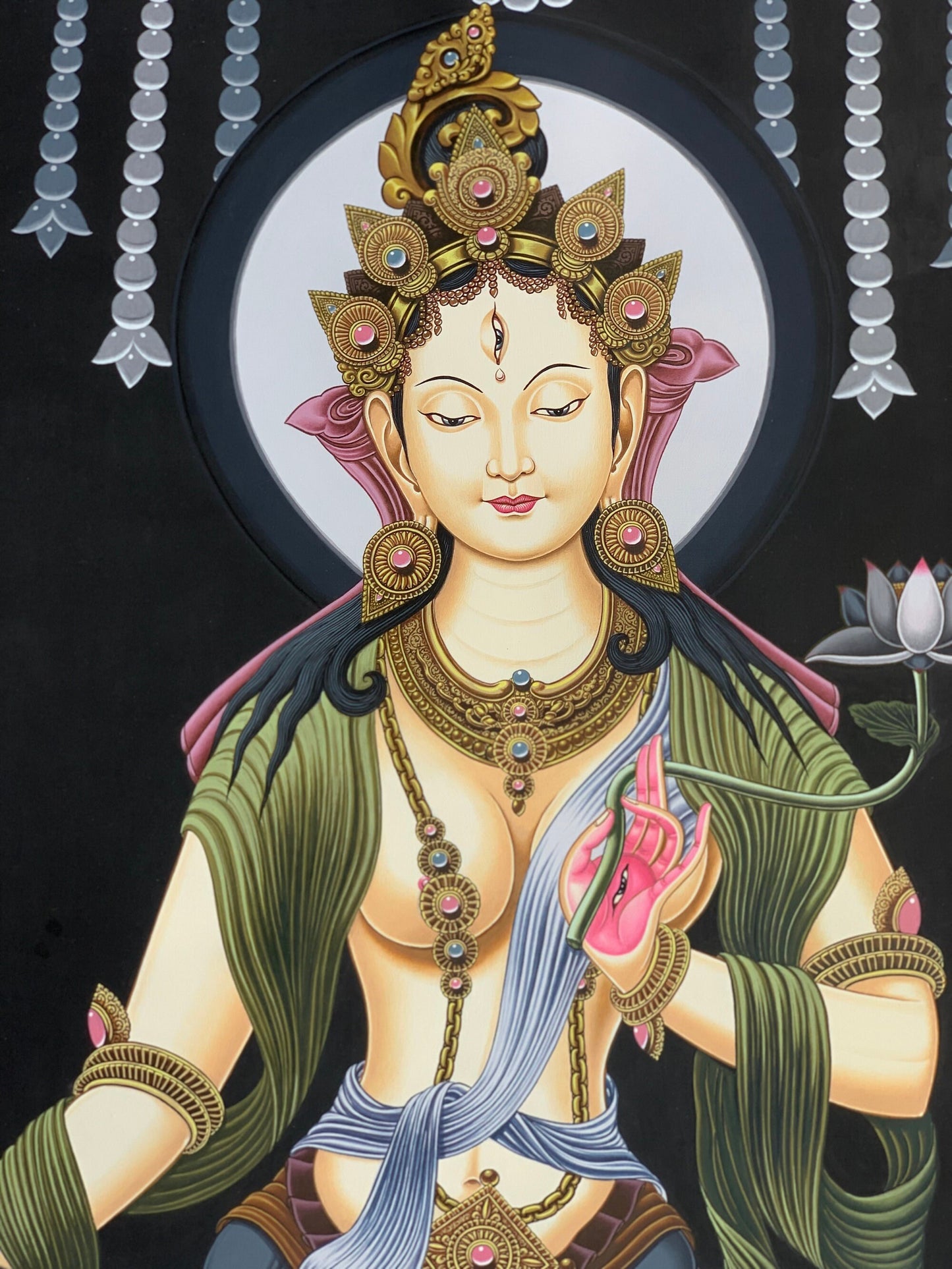 Original Hand-Painted White Tara Newari Thangka - Compassion Paubha Art - Mother Tara Meditation Painting
