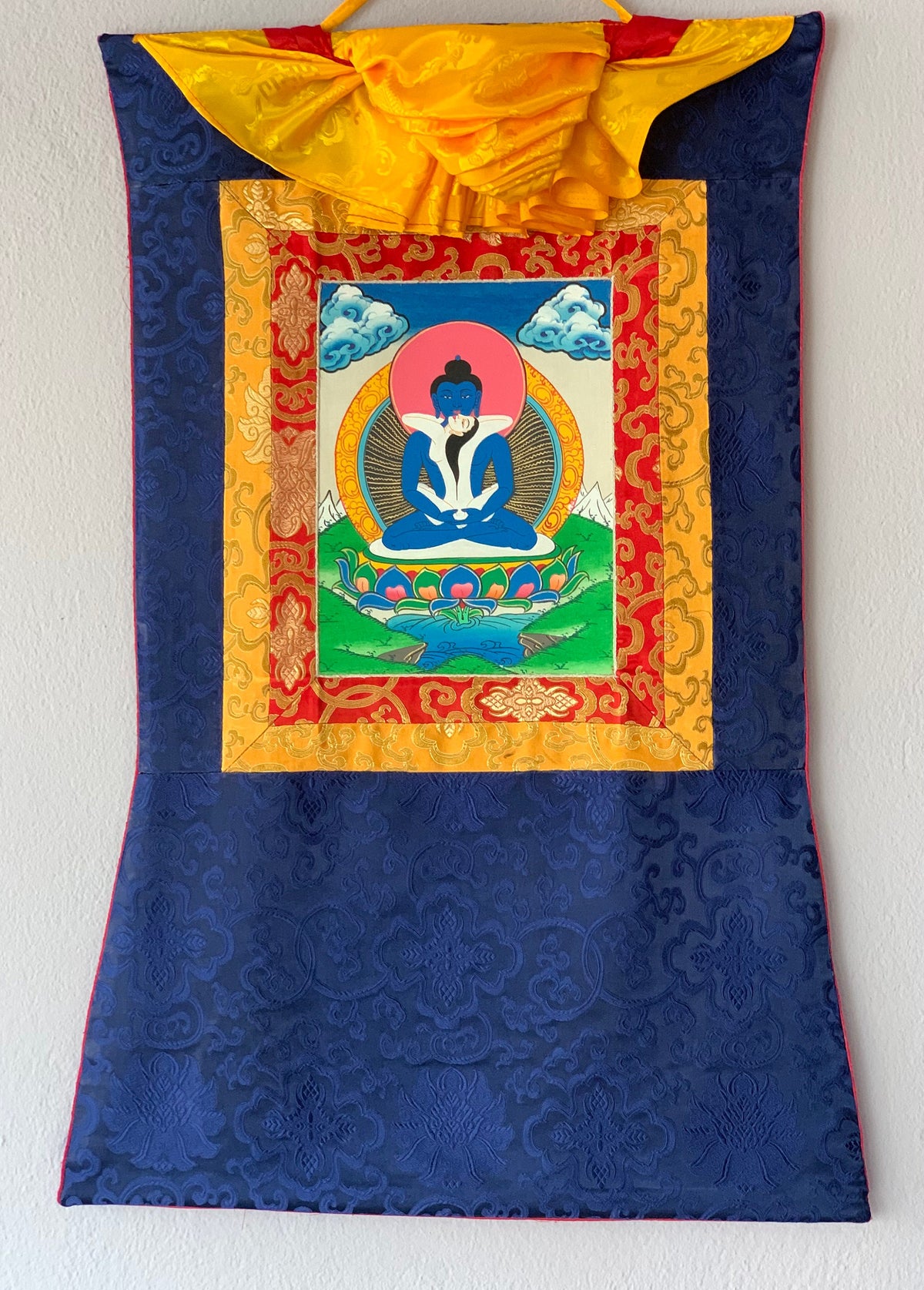 Hand-Painted Samantabhadra Thangka with Silk Brocade | Tibetan Buddha Shakti Meditation Art