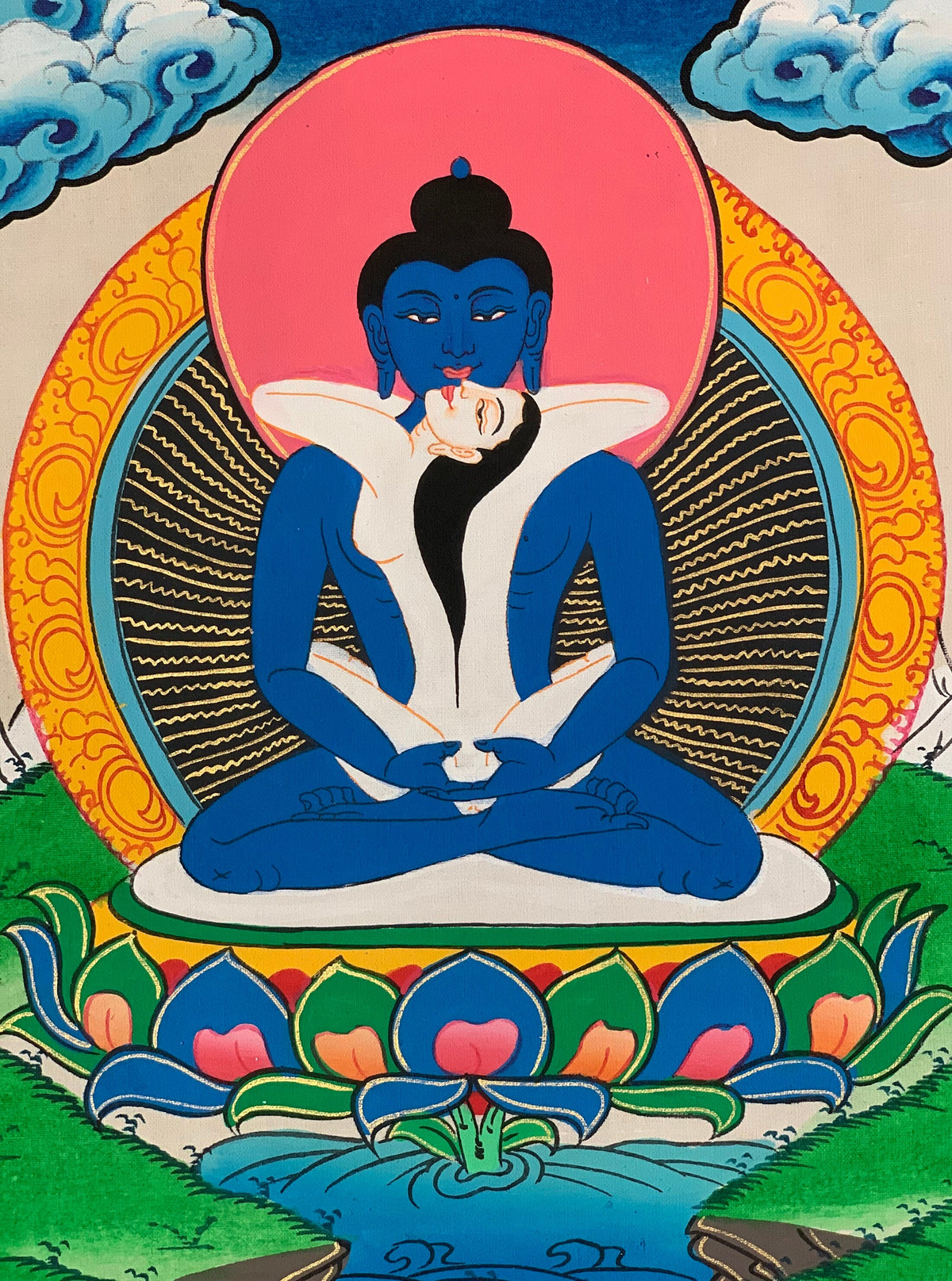 Hand-Painted Samantabhadra Thangka with Silk Brocade | Tibetan Buddha Shakti Meditation Art