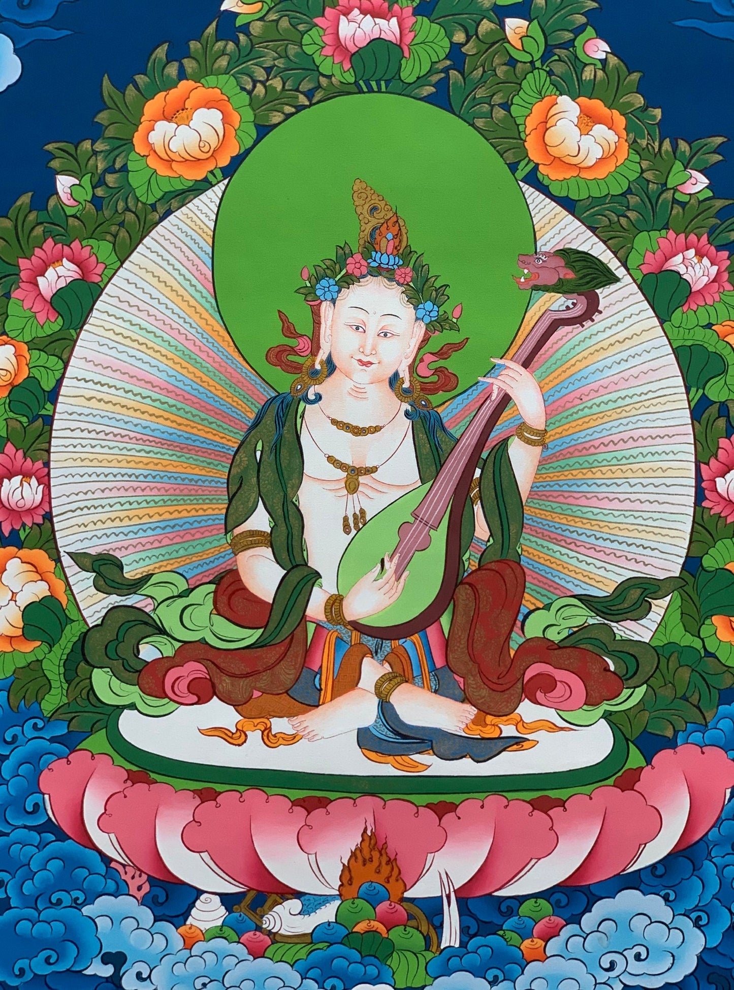 Hand-painted  Saraswati, Goddess of Learning and Art, Music, Thangka Painting