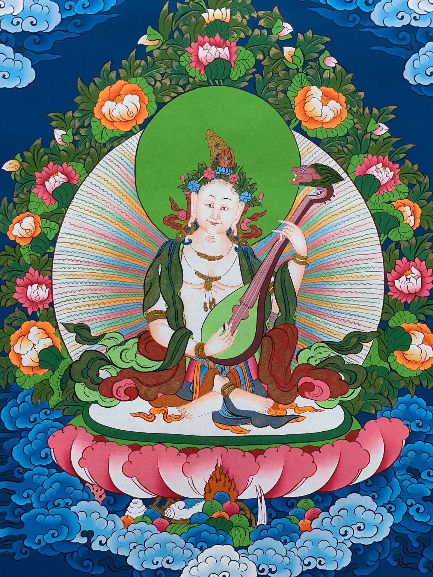 Hand-painted  Saraswati, Goddess of Learning and Art, Music, Thangka Painting