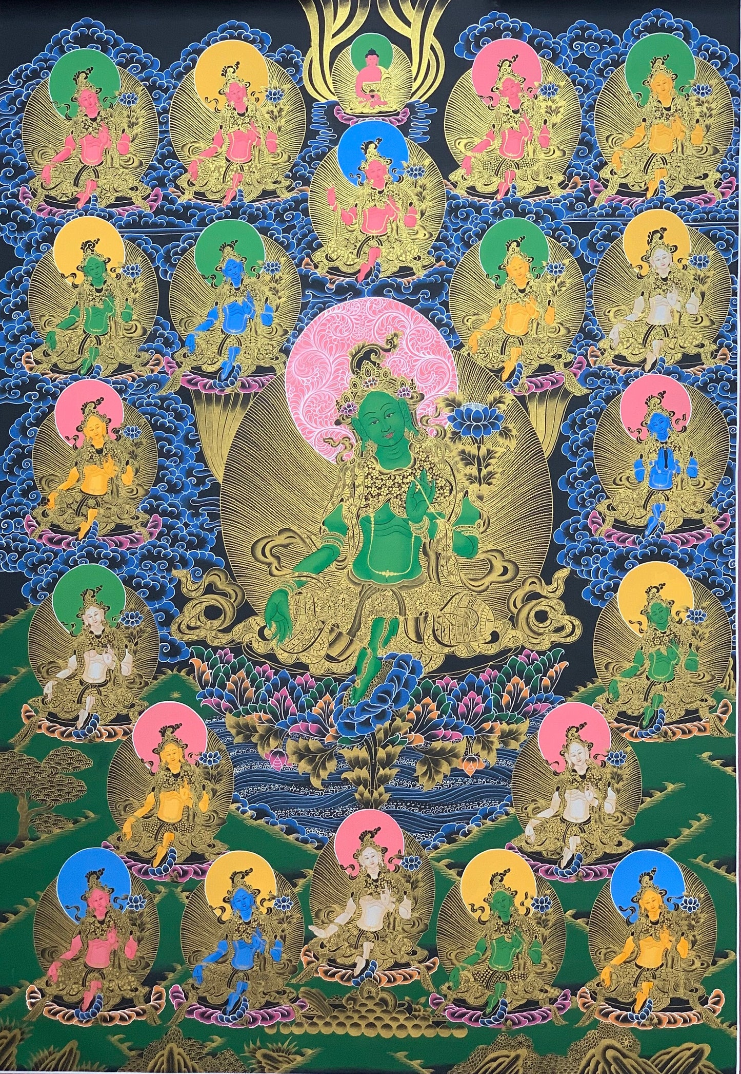 21 Green Tara Thangka Painting, Gold Meditation Art, Tibetan Masterpiece