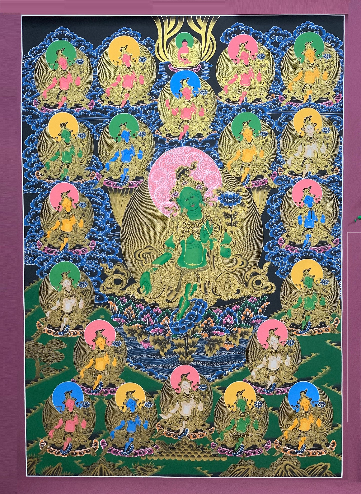 21 Green Tara Thangka Painting, Gold Meditation Art, Tibetan Masterpiece
