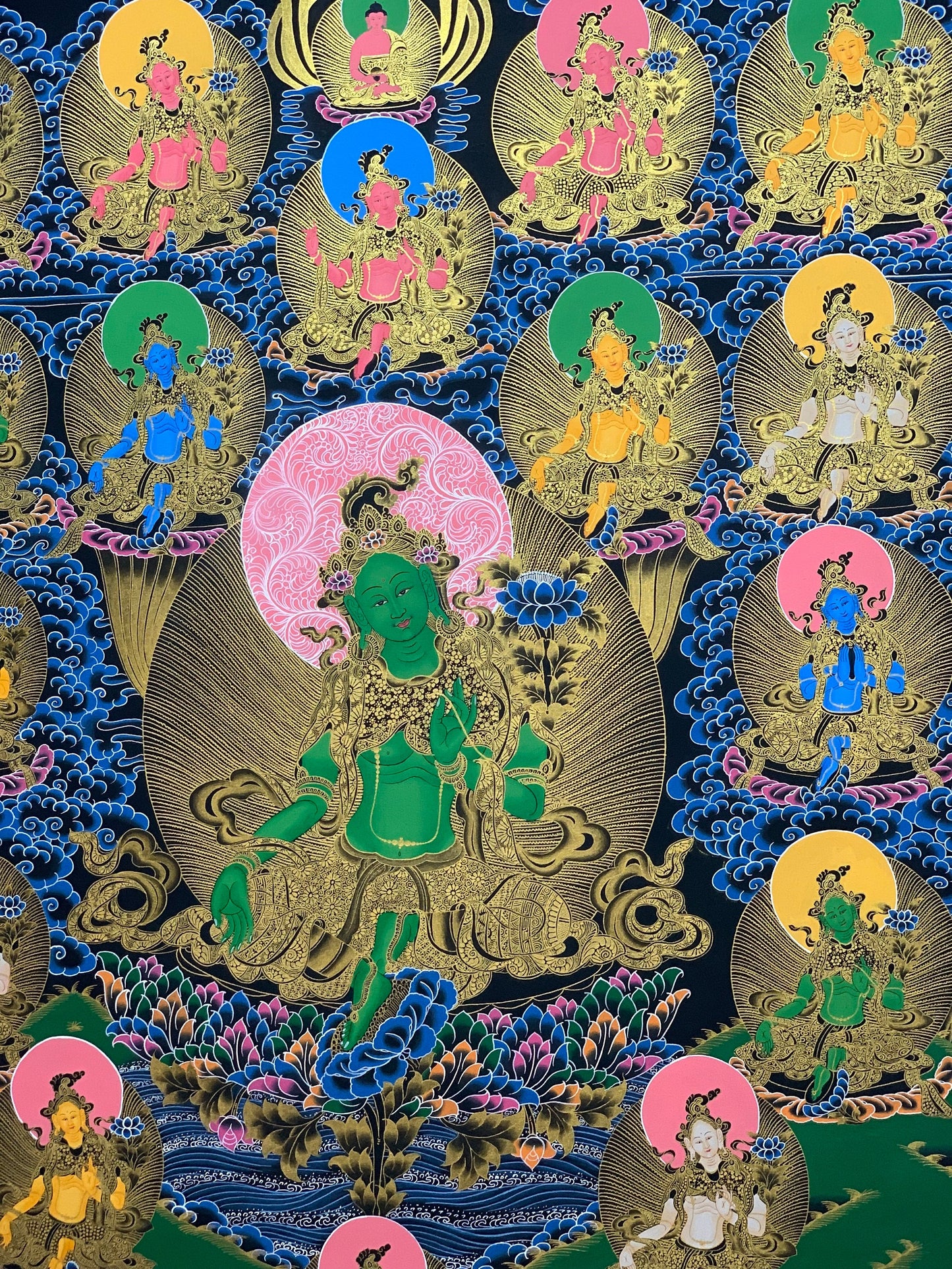 21 Green Tara Thangka Painting, Gold Meditation Art, Tibetan Masterpiece
