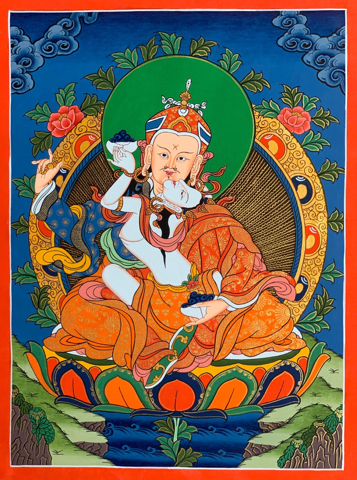 Hand-Painted Guru Rinpoche Thangka with Mandarava - Padmasambhava Tibetan Buddhist Art