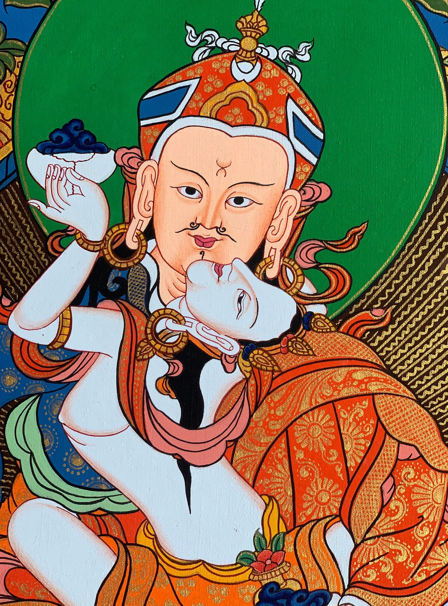 Hand-Painted Guru Rinpoche Thangka with Mandarava - Padmasambhava Tibetan Buddhist Art