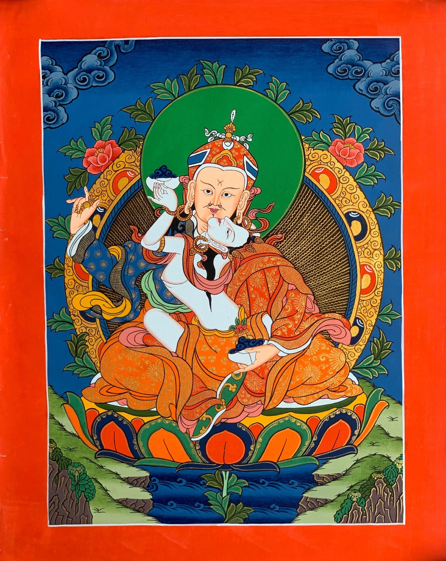 Hand-Painted Guru Rinpoche Thangka with Mandarava - Padmasambhava Tibetan Buddhist Art