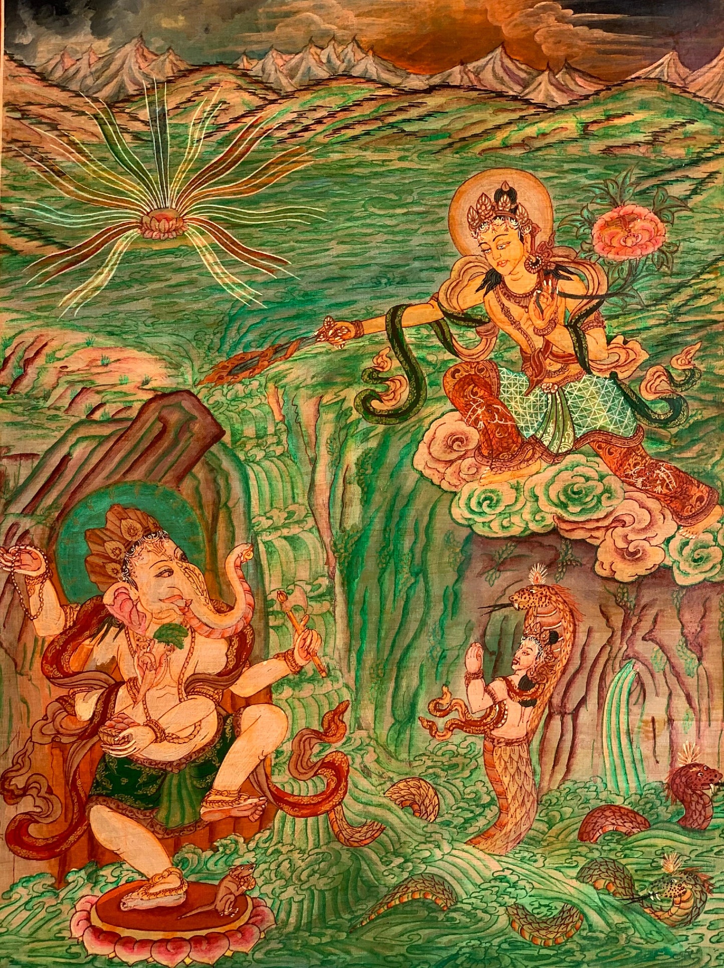 Hand-Painted Manjushri Thangka: Kathmandu Valley, Oil-Varnished