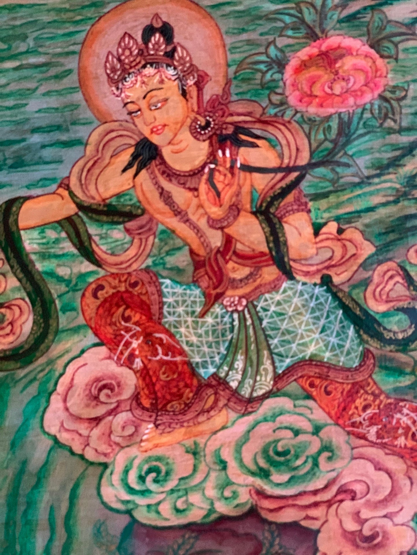 Hand-Painted Manjushri Thangka: Kathmandu Valley, Oil-Varnished