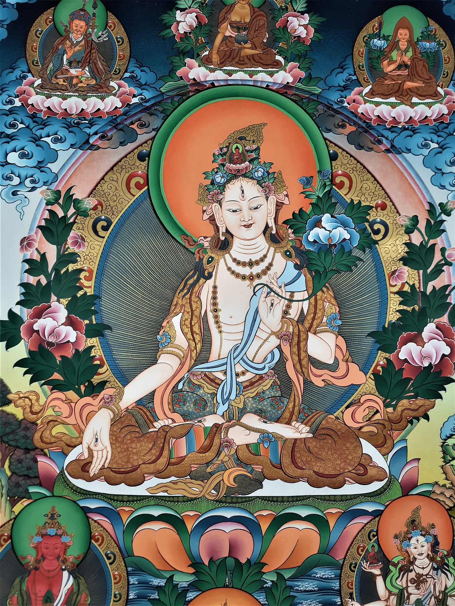 White Tara Thangka Painting: 24K Gold, Handmade Tibetan Art