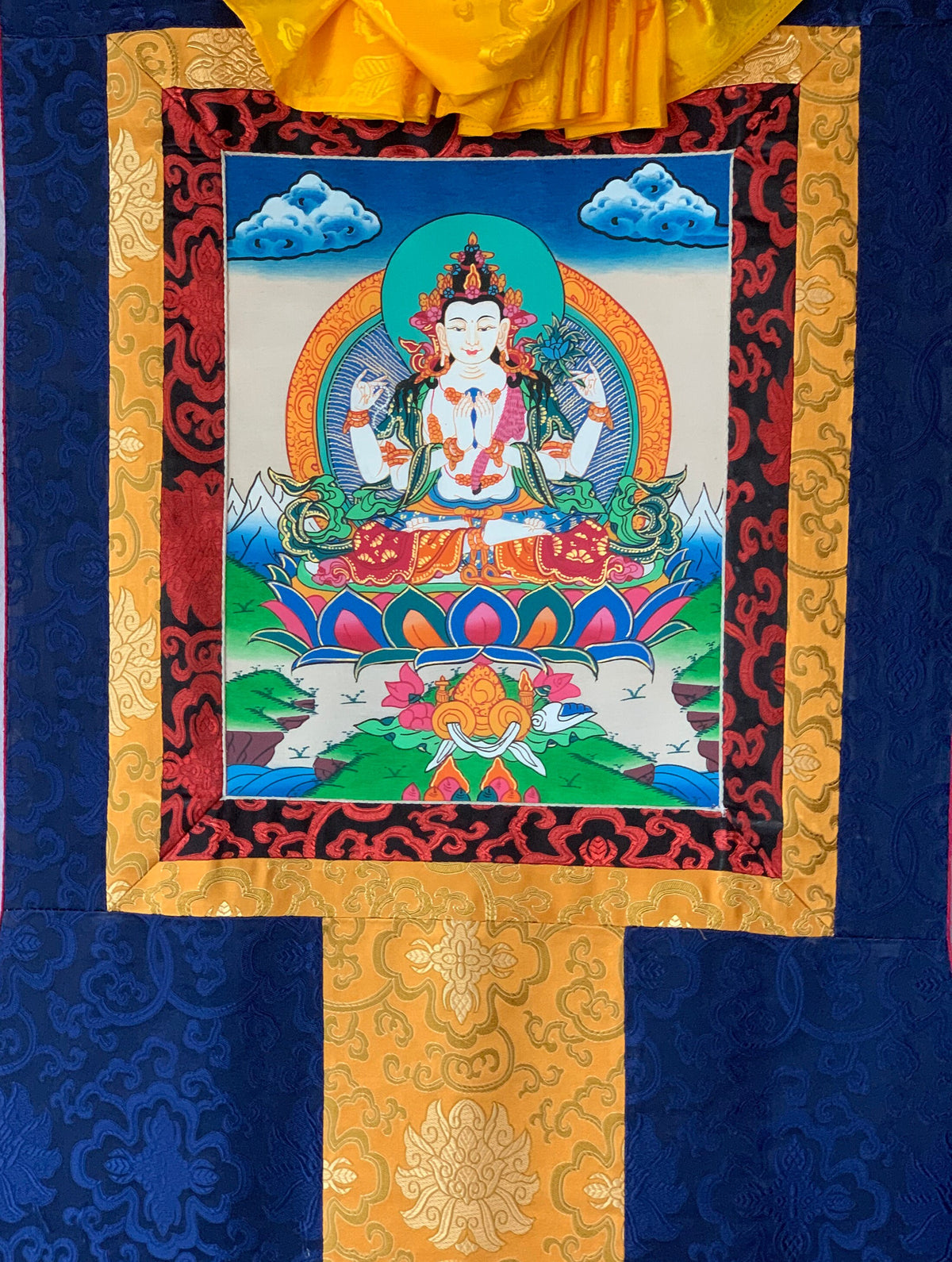Four-Armed Avalokiteshvara Thangka with Silk Brocade | Chenrezig Tibetan Buddhist Compassion Art | Hand-Painted in Nepal