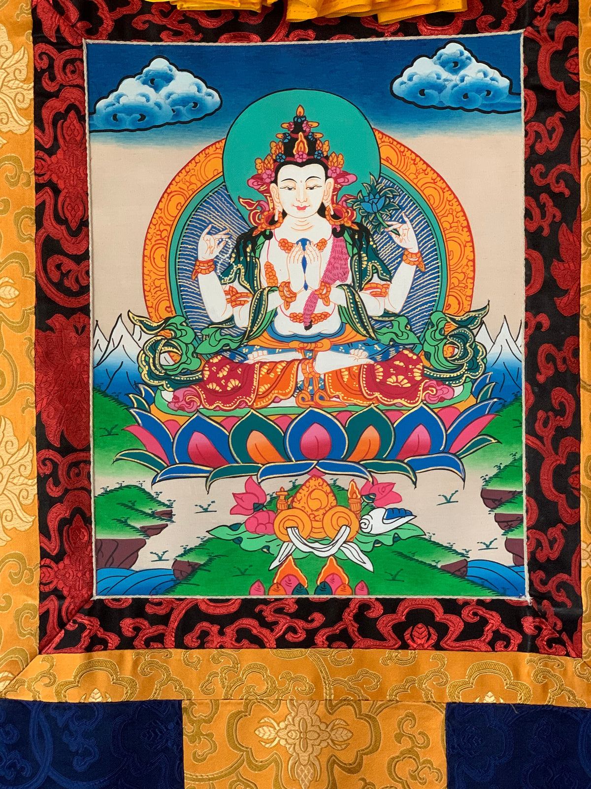 Four-Armed Avalokiteshvara Thangka with Silk Brocade | Chenrezig Tibetan Buddhist Compassion Art | Hand-Painted in Nepal
