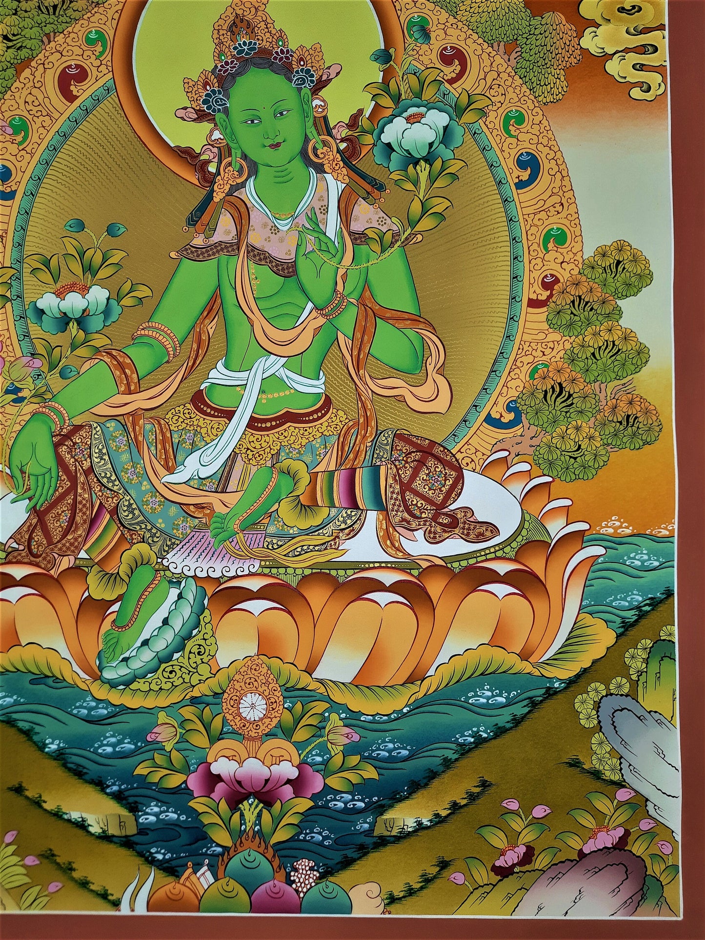 Hand-Painted Green Tara Gold Thangka  | Compassion & Protection |  Tibetan Buddhist Art