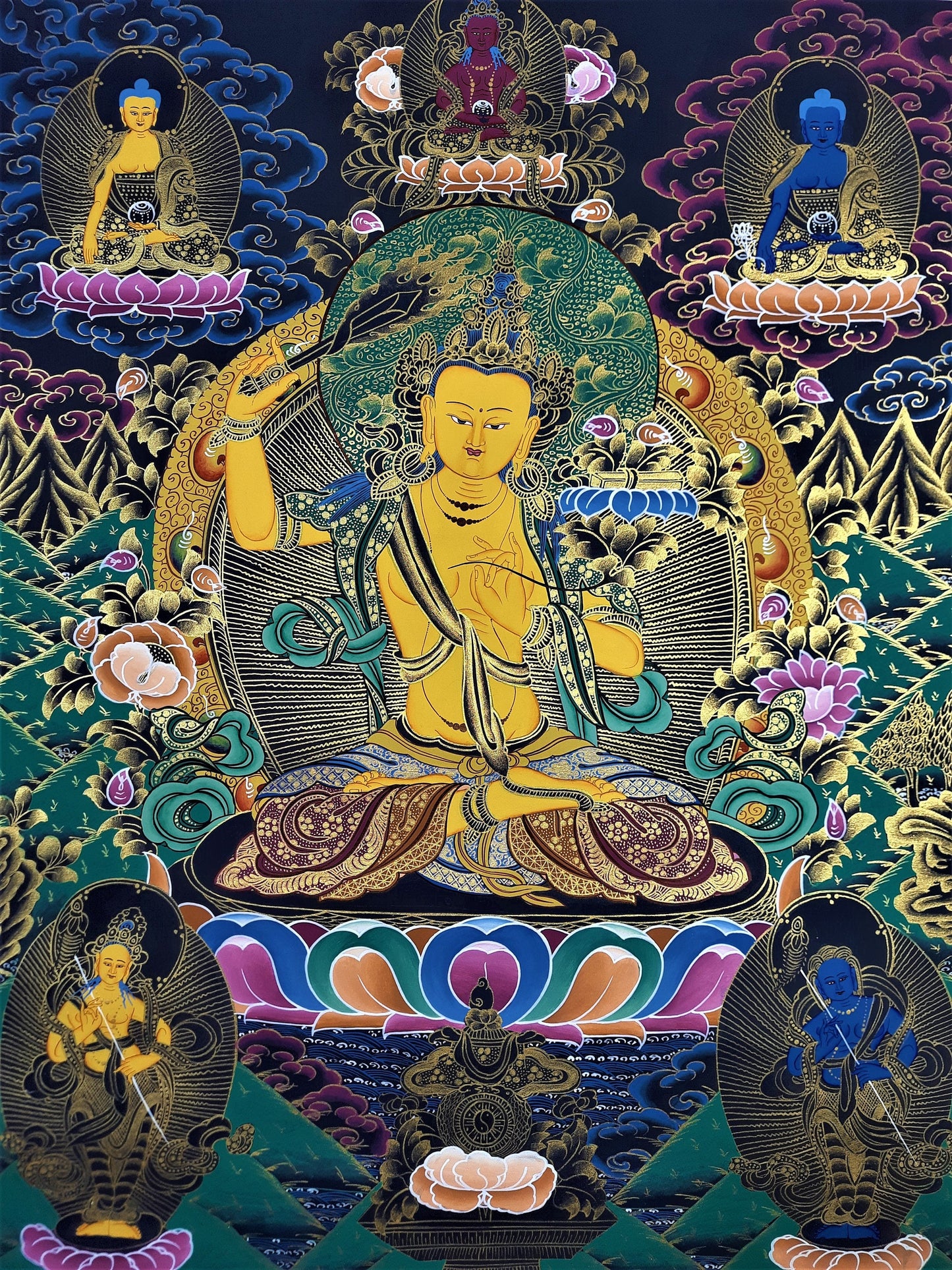 Hand-Painted Manjushree Thanka, God of Wisdom, Tibetan Wall Hanging