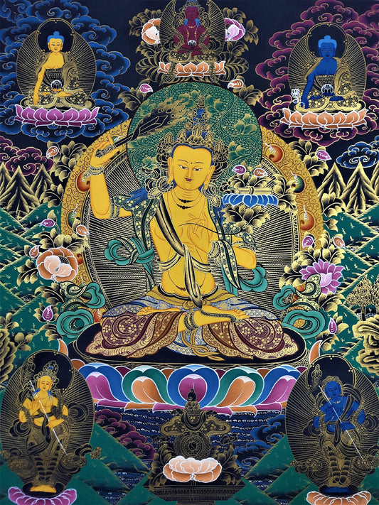 Hand-Painted Manjushree Thanka, God of Wisdom, Tibetan Wall Hanging