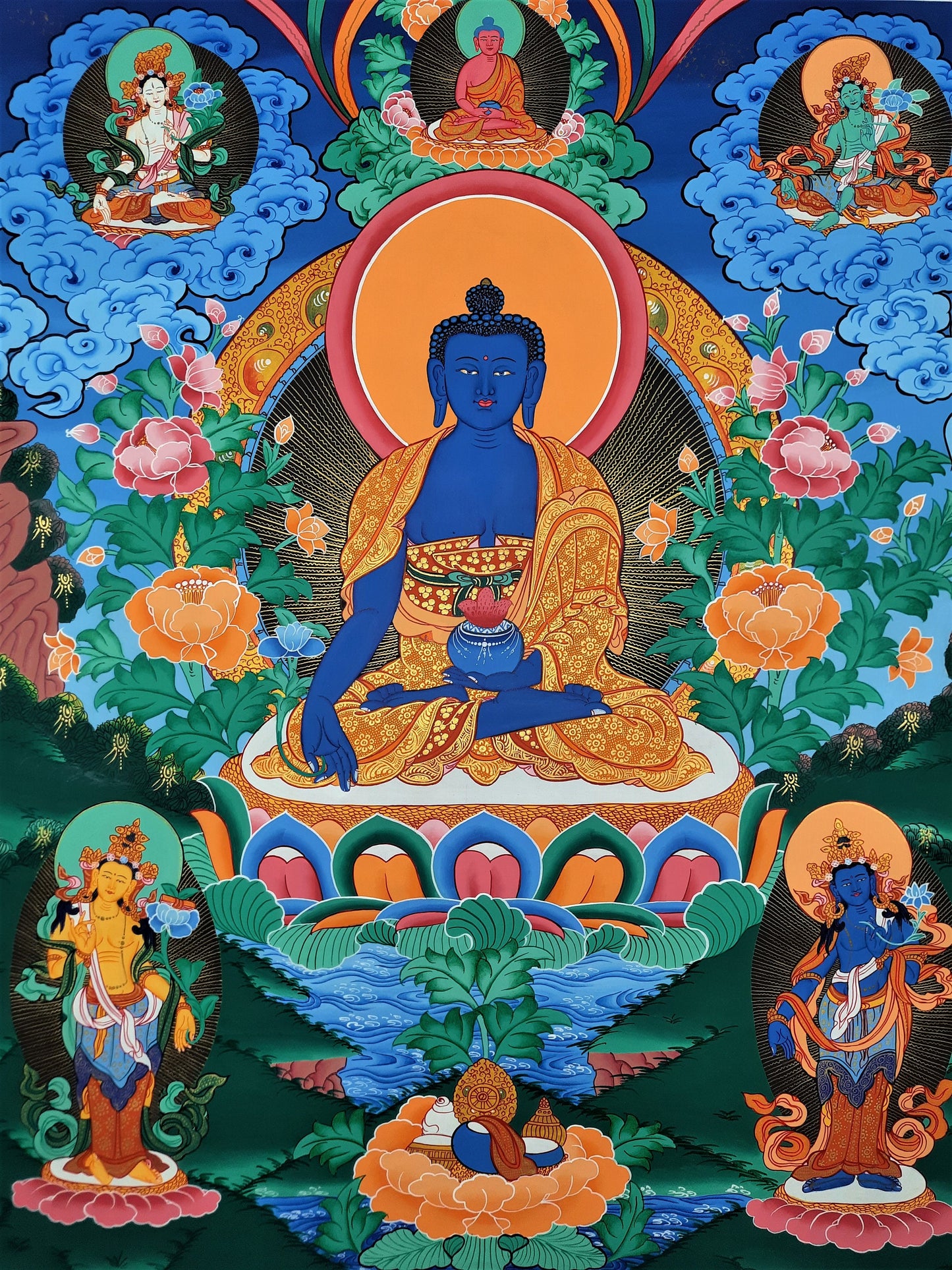 Hand-painted MEDICINE BUDDHA, Bhaisajyaguru, Buddha of Healing and Meditation, Thangka, 20 x 28-Inch