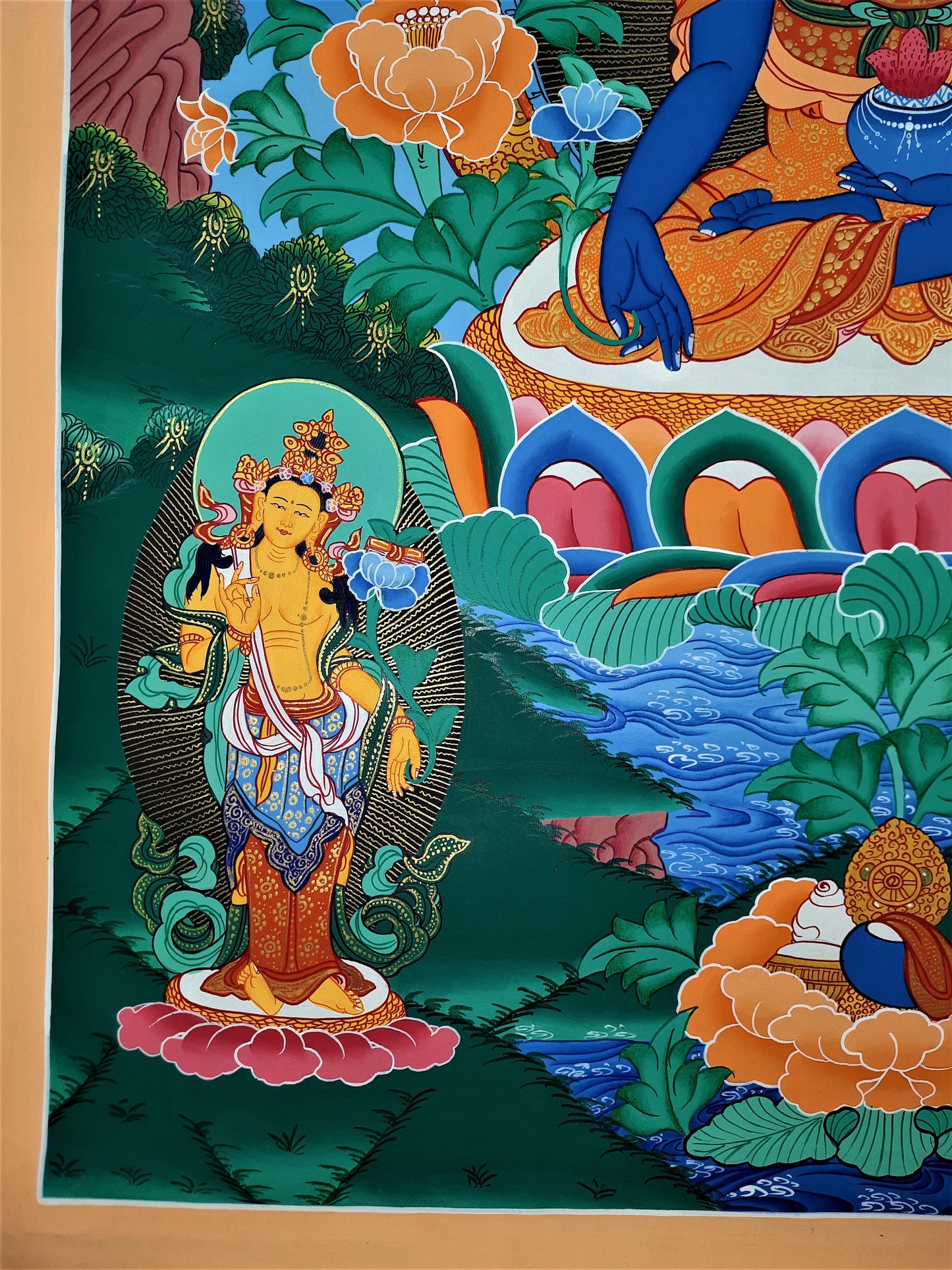 Hand-painted MEDICINE BUDDHA, Bhaisajyaguru, Buddha of Healing and Meditation, Thangka, 20 x 28-Inch