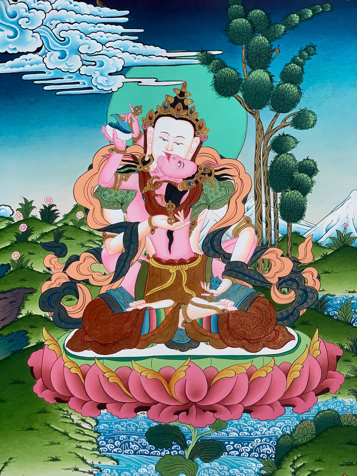 Vajrasattva Yab Yum Thangka, Hand-Painted Tibetan Art