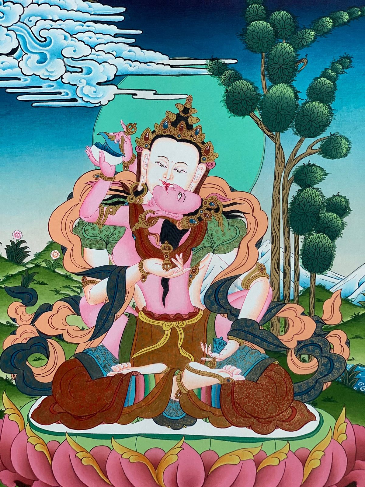 Vajrasattva Yab Yum Thangka, Hand-Painted Tibetan Art