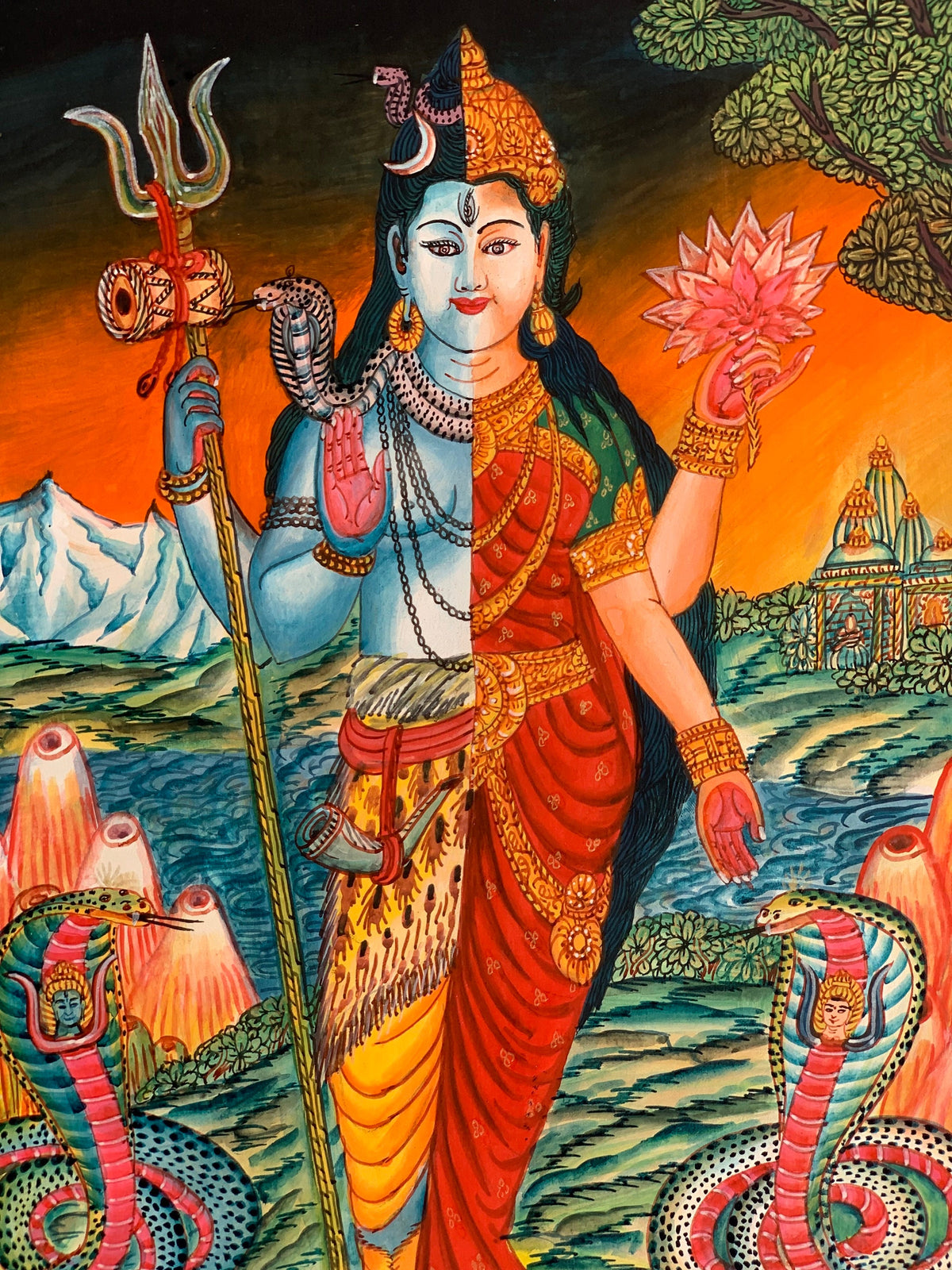 Ardhanarishvara, Purush and Prakriti, Shiva and Shakti, Newari Pauba, Pauva, Thangka Painting, Original Art