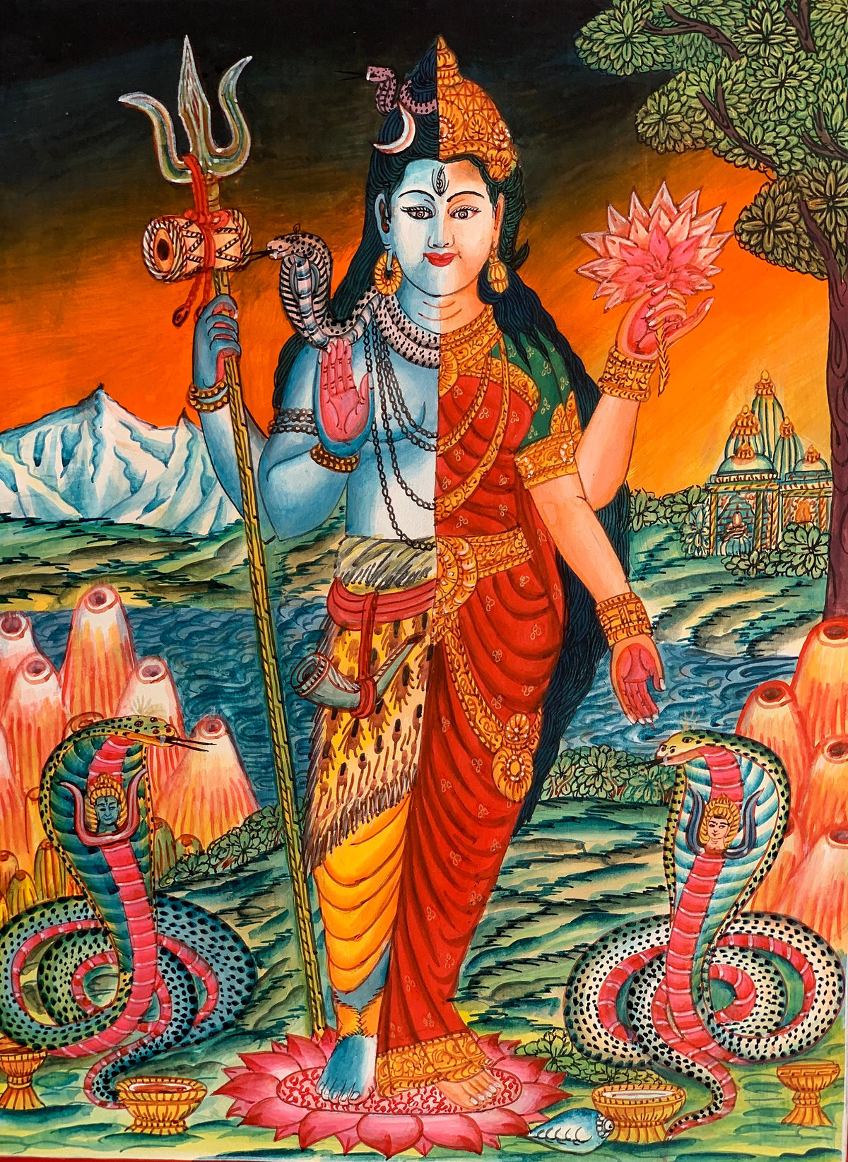 Ardhanarishvara, Purush and Prakriti, Shiva and Shakti, Newari Pauba, Pauva, Thangka Painting, Original Art