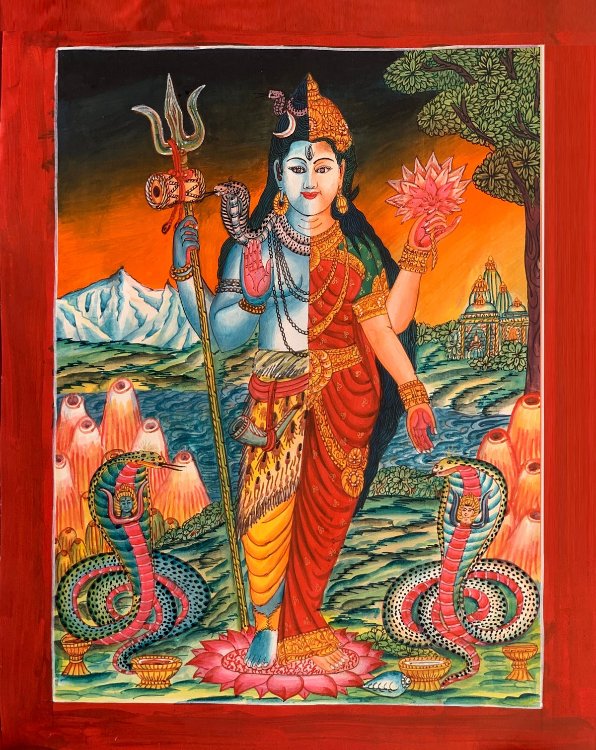 Ardhanarishvara, Purush and Prakriti, Shiva and Shakti, Newari Pauba, Pauva, Thangka Painting, Original Art