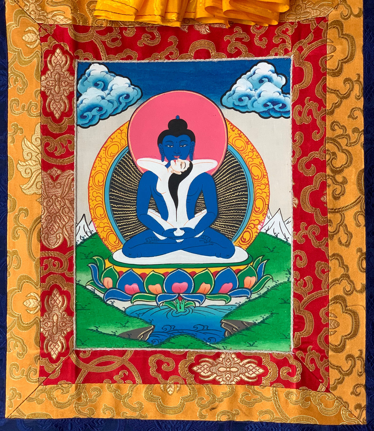 Hand-Painted Samantabhadra Thangka with Silk Brocade | Tibetan Buddha Shakti Meditation Art