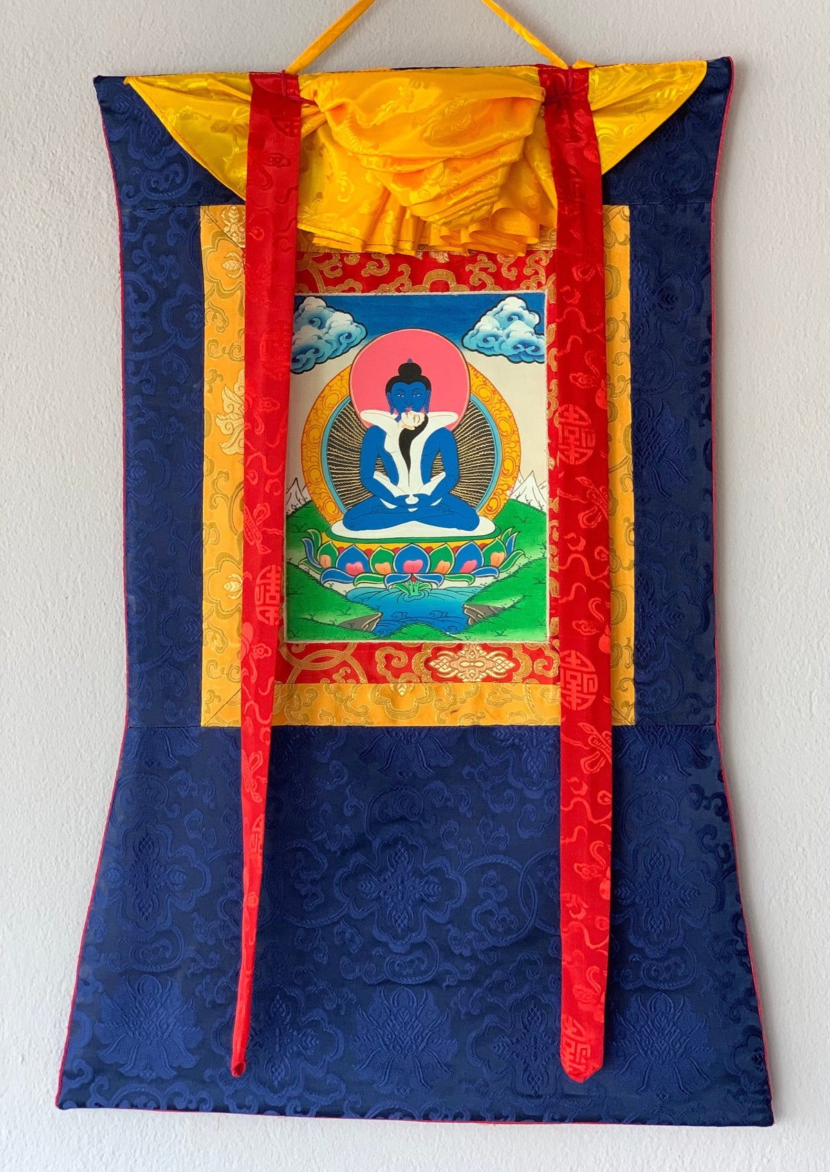 Hand-Painted Samantabhadra Thangka with Silk Brocade | Tibetan Buddha Shakti Meditation Art
