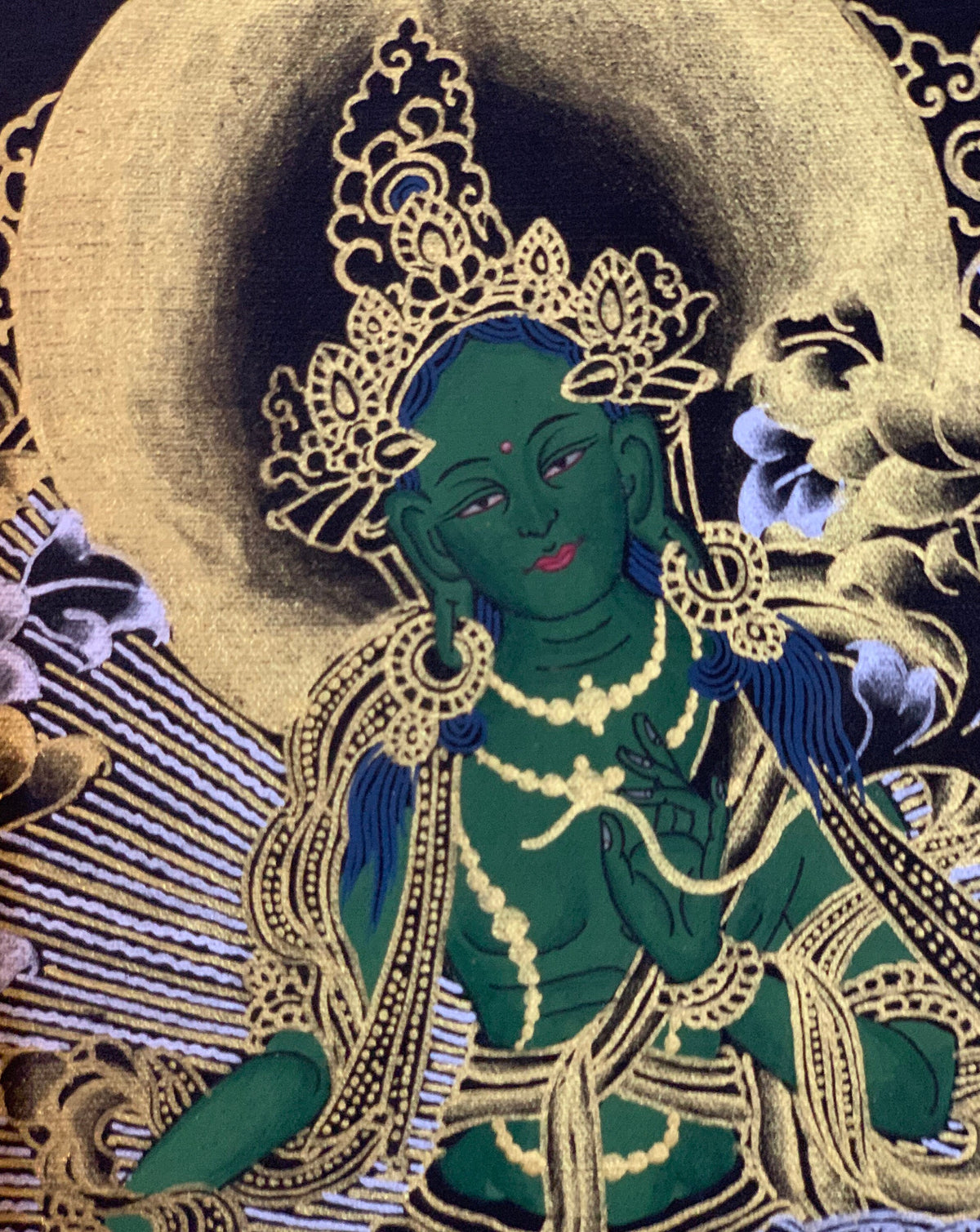 Green Tara Tibetan Thangka Painting, Buddhist Art with Silk Frame