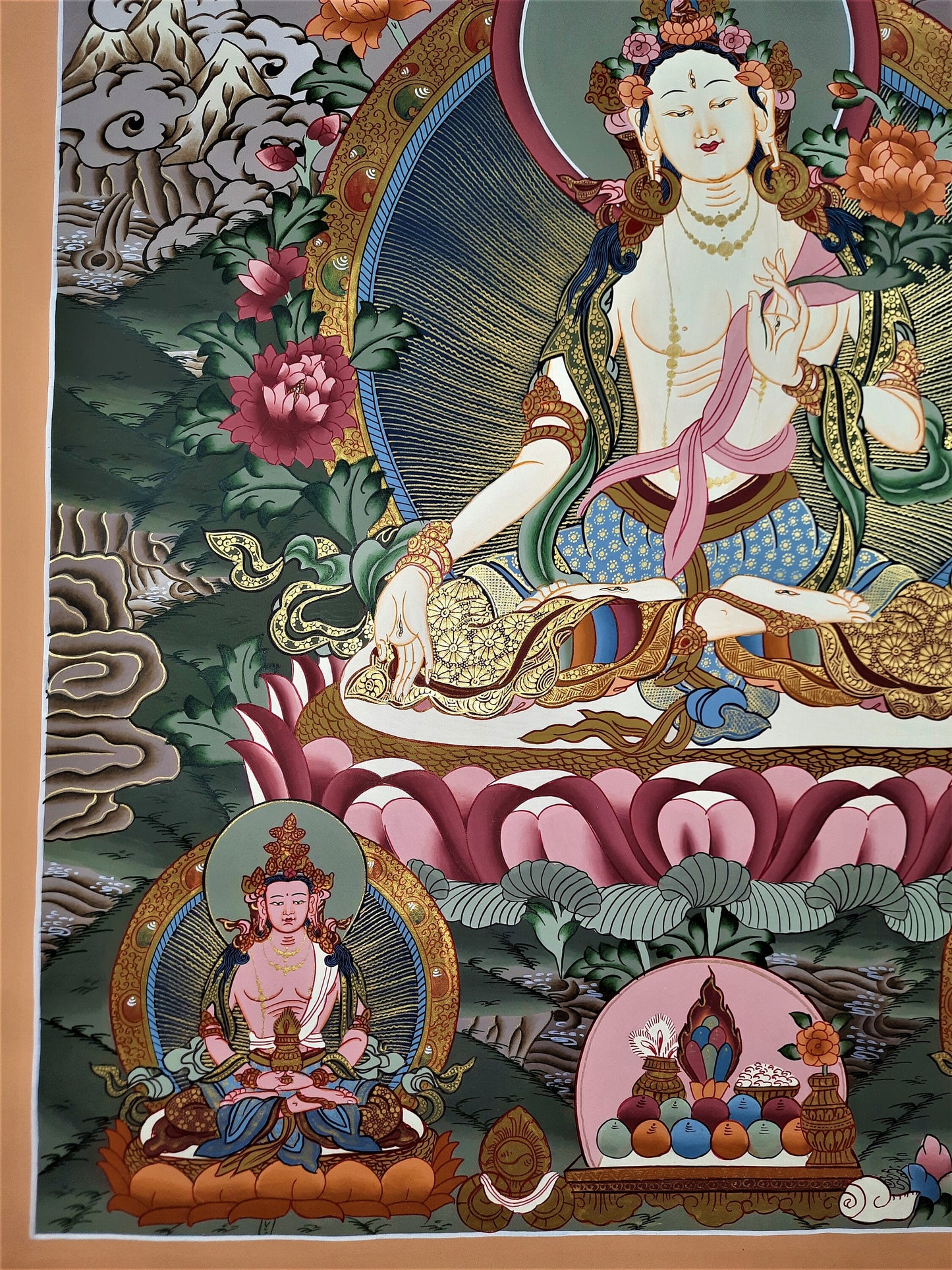 Hand Painted White Tara Thangka, Tibetan Mother Goddess Canvas (28x20.5)