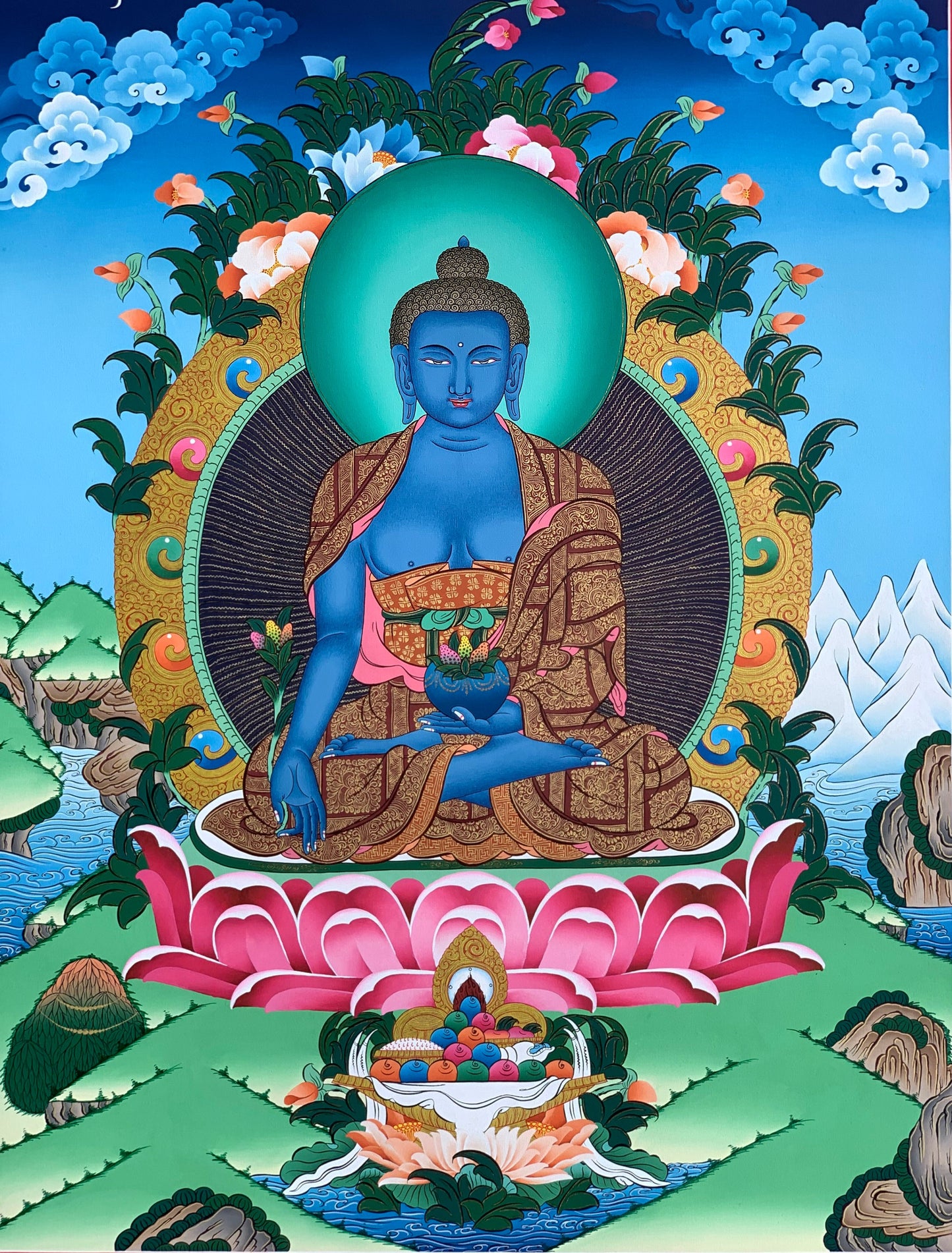 Hand-Painted Medicine Buddha Thangka, 24K Gold Tibetan Healing Art