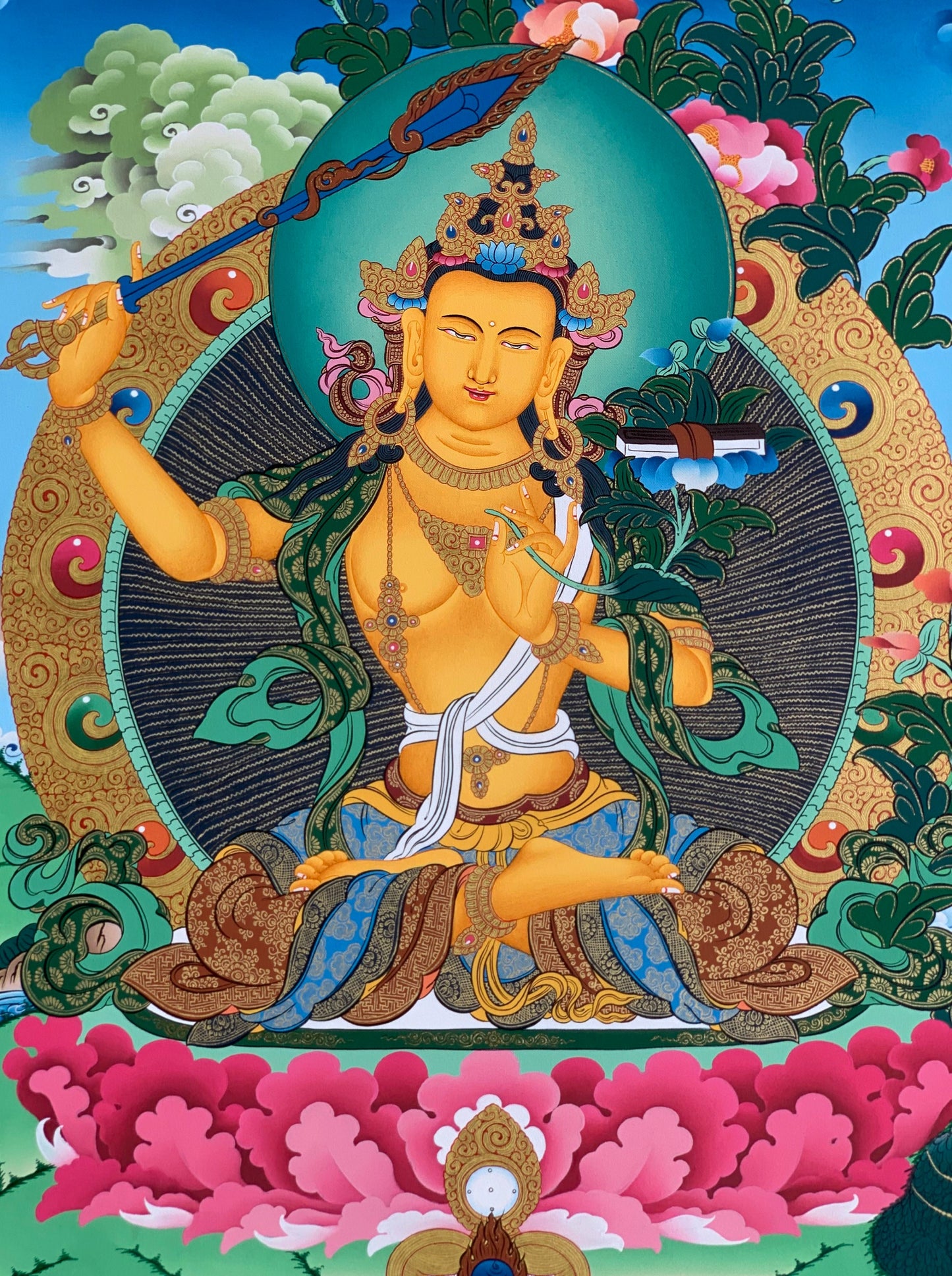 Manjushri Bodhisattva Thangka Painting - Wisdom Deity 24K Gold Hand-Painted  Buddhist Art