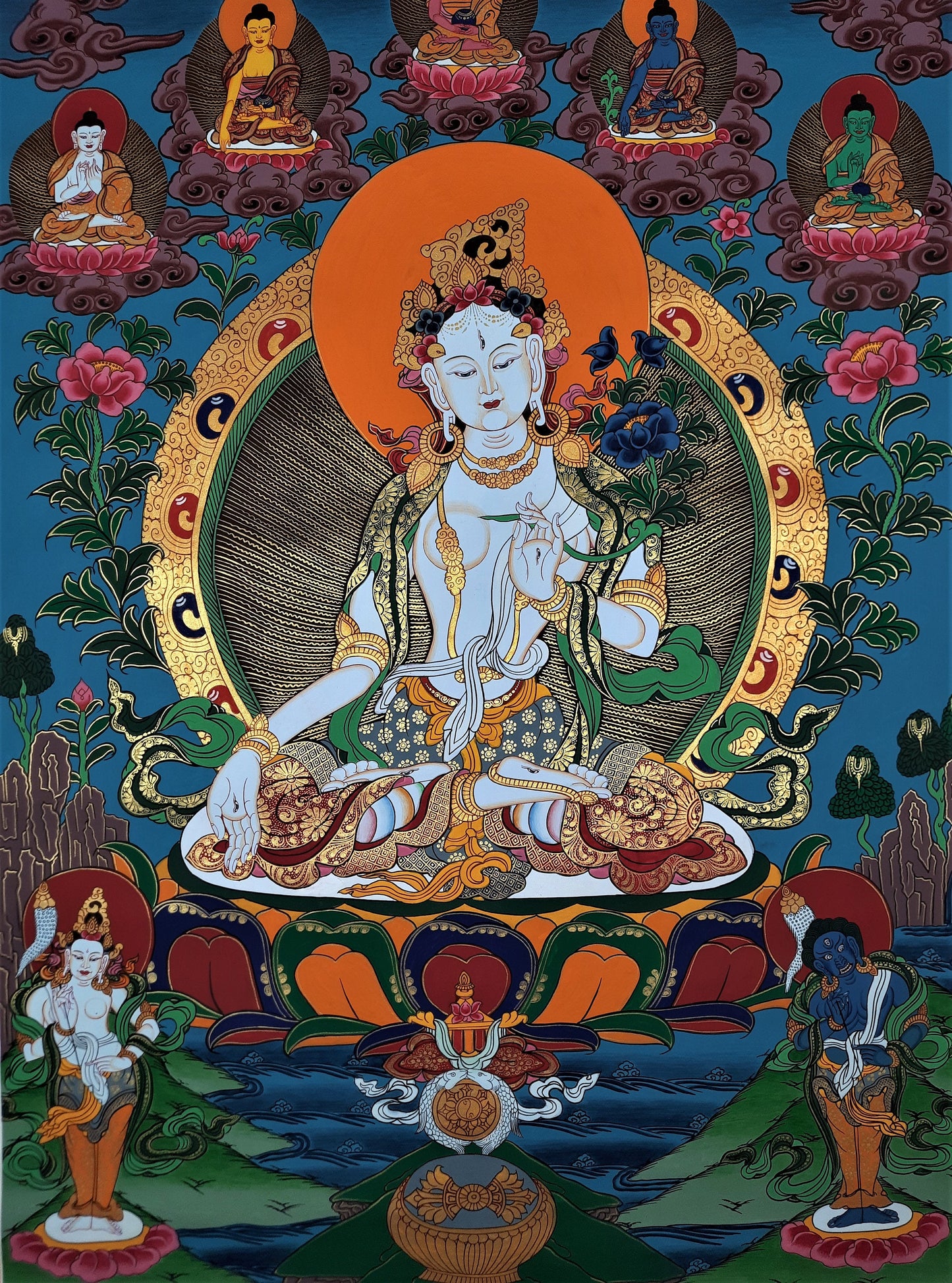 Hand-Painted White Tara Thangka: Tibetan Mother Goddess Wall Hanging
