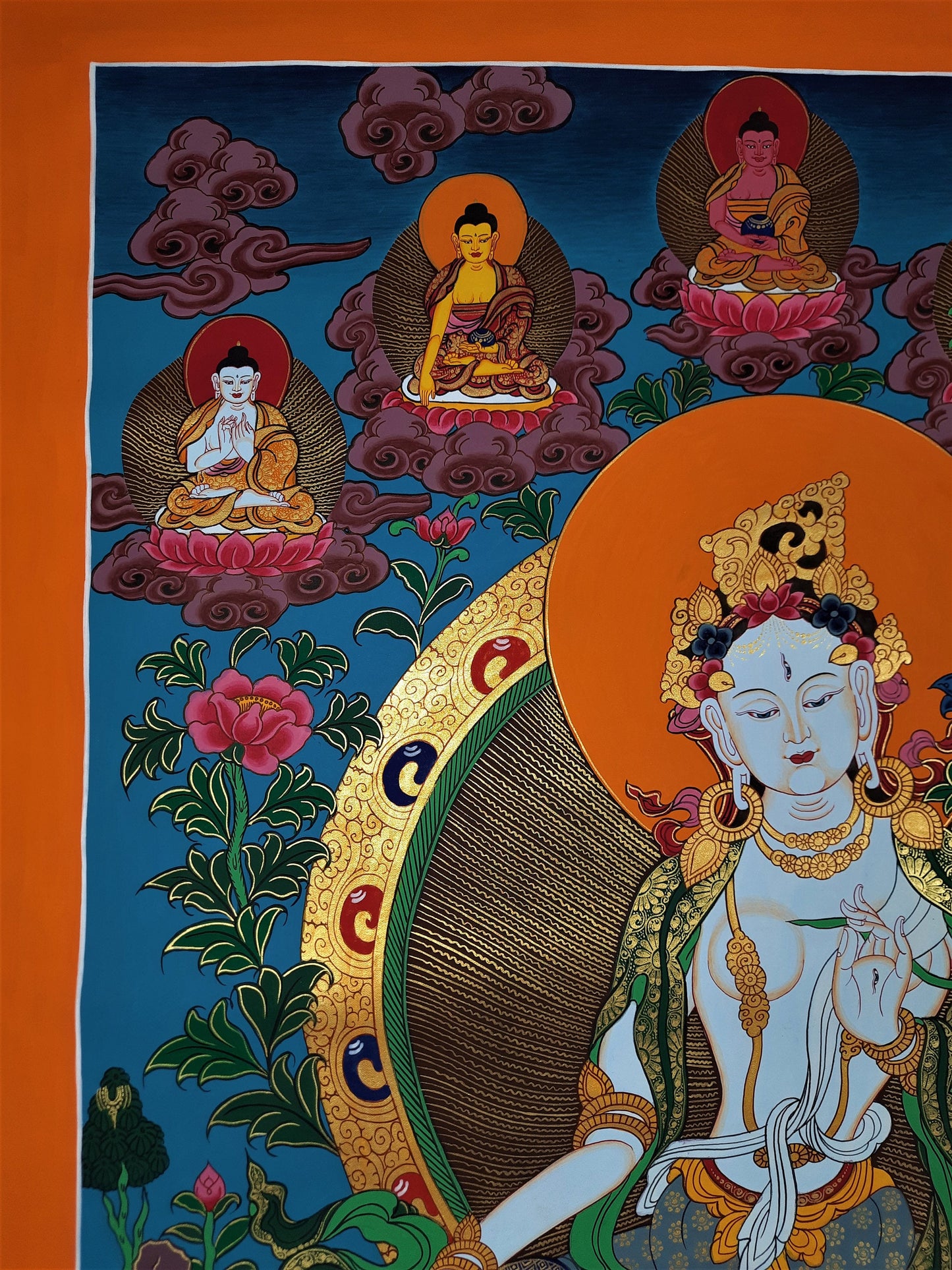 Hand-Painted White Tara Thangka: Tibetan Mother Goddess Wall Hanging
