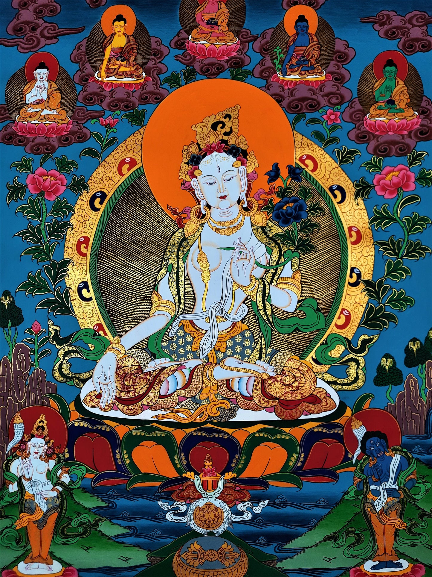 Hand-Painted White Tara Thangka: Tibetan Mother Goddess Wall Hanging