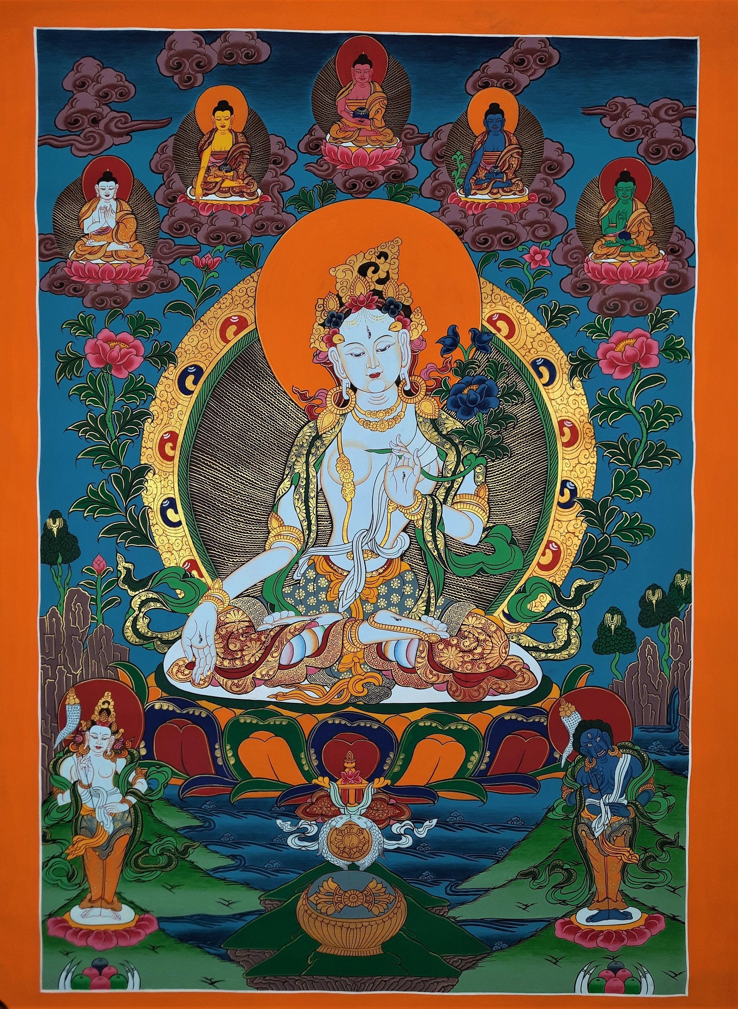 Hand-Painted White Tara Thangka: Tibetan Mother Goddess Wall Hanging