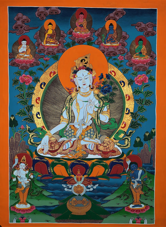 Hand-Painted White Tara Thangka: Tibetan Mother Goddess Wall Hanging