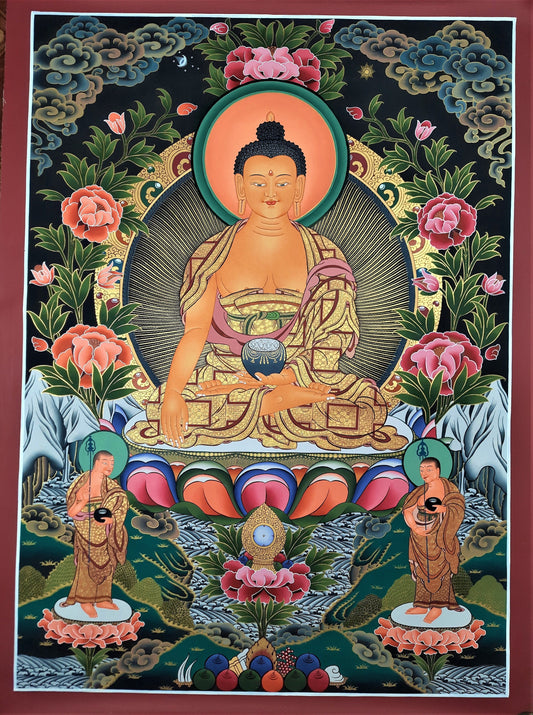 Hand-Painted Shakyamuni Buddha Thangka Painting, Tibetan Art (39x28 inch)
