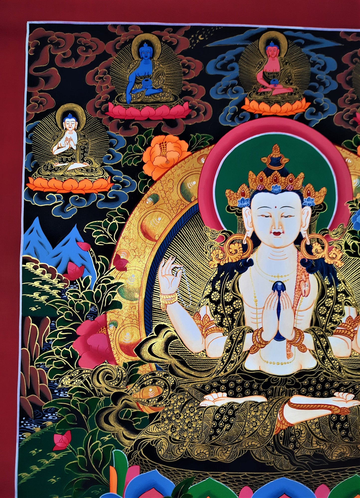 Hand-Painted Chenrezig Thangka: Tibetan Compassion Buddha Wall Hanging