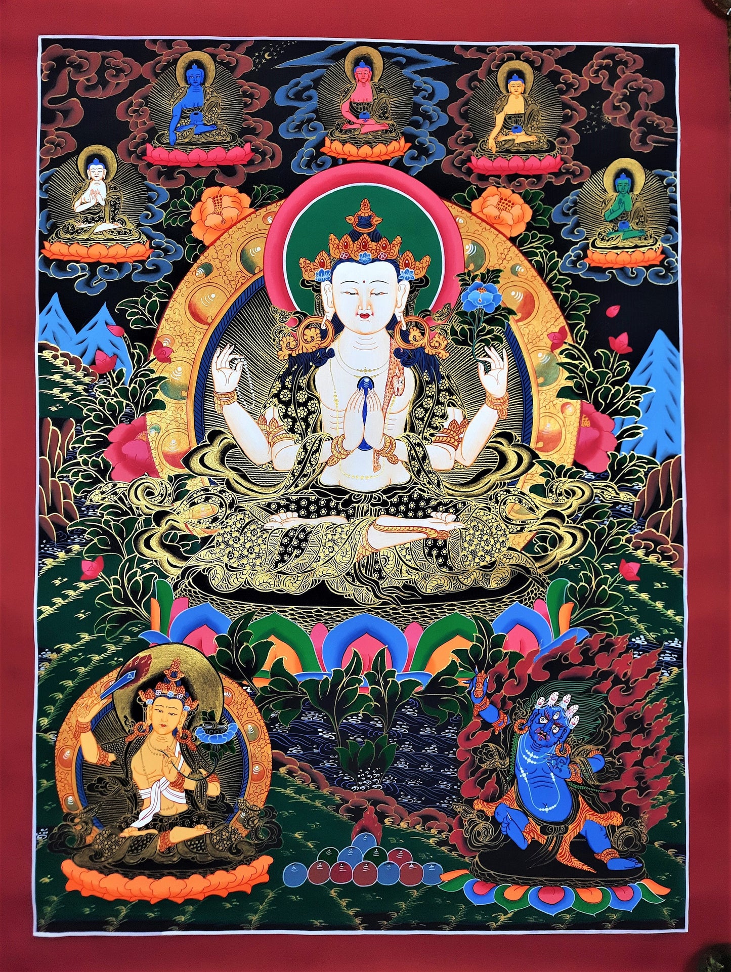 Hand-Painted Chenrezig Thangka: Tibetan Compassion Buddha Wall Hanging