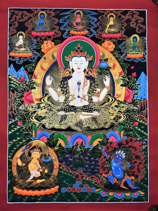 Hand-Painted Chenrezig Thangka: Tibetan Compassion Buddha Wall Hanging