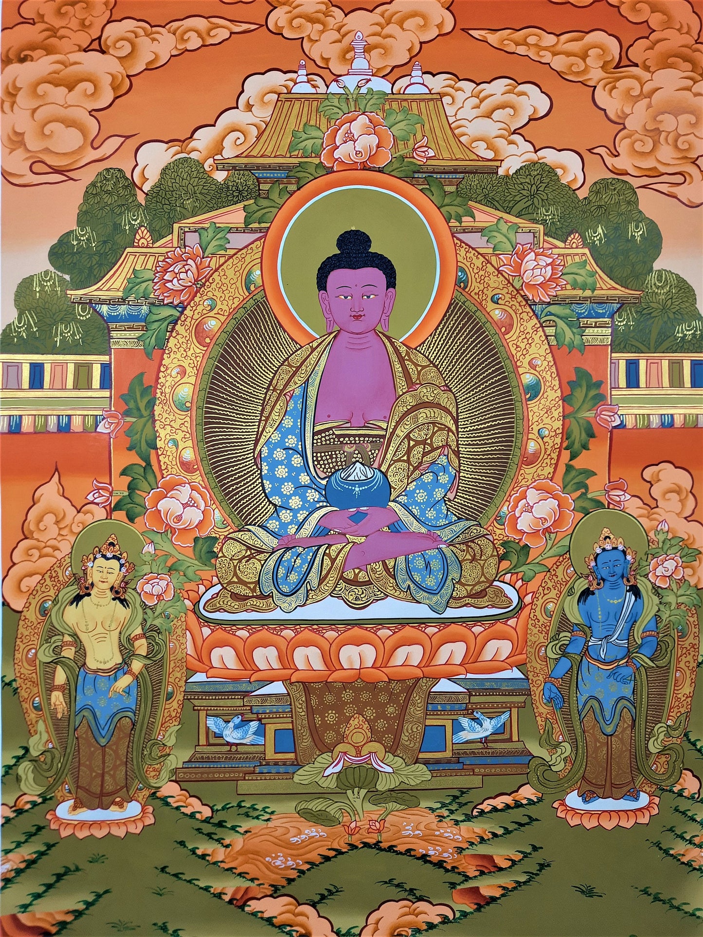 Hand-Painted Amitabha Buddha Thangka – Tibetan Meditation Art, 27x18