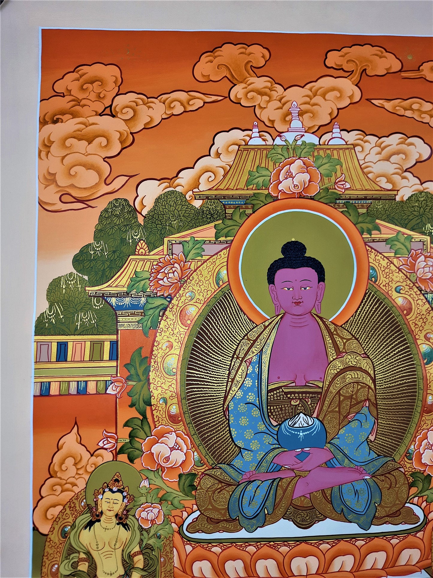 Hand-Painted Amitabha Buddha Thangka – Tibetan Meditation Art, 27x18