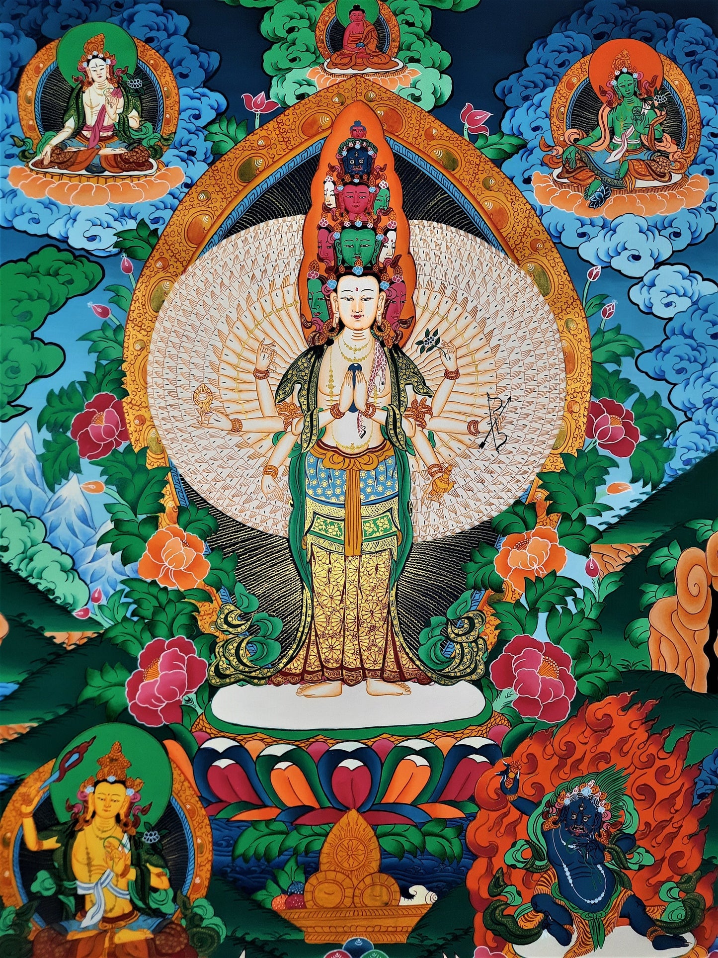 Hand-Painted Avalokiteshvara Thangka: 1000 Armed Tibetan Buddhist Art