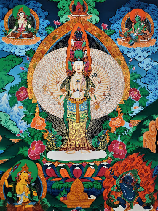 Hand-Painted Avalokiteshvara Thangka: 1000 Armed Tibetan Buddhist Art