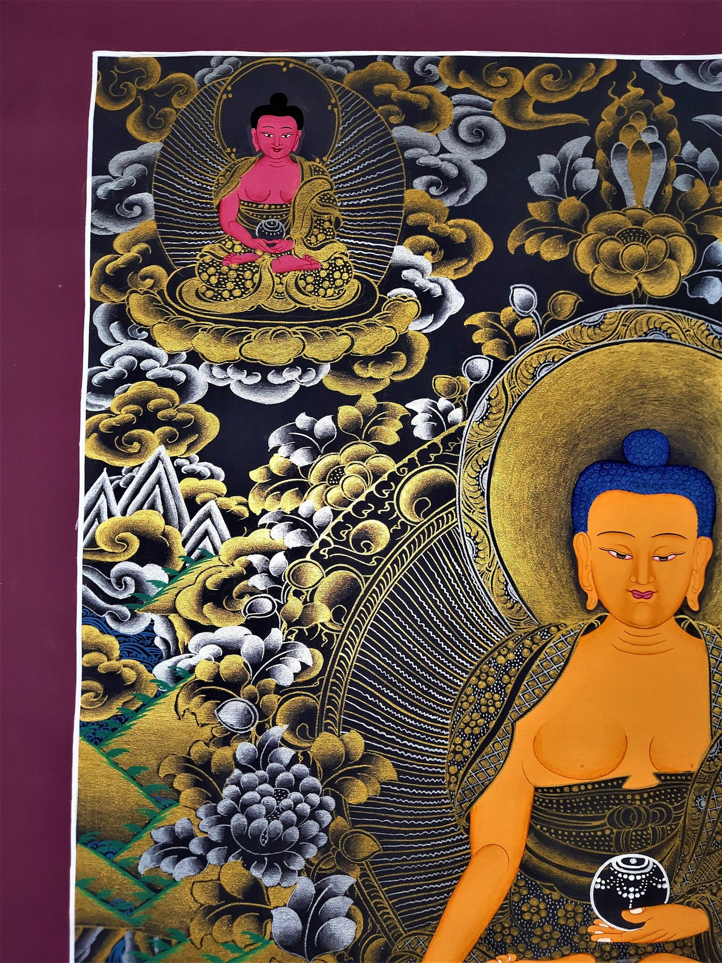 Hand Painted Shakyamuni Buddha Thangka - Five Dhyani Buddha Painting, Tibetan Art (23.5" x 17.5")