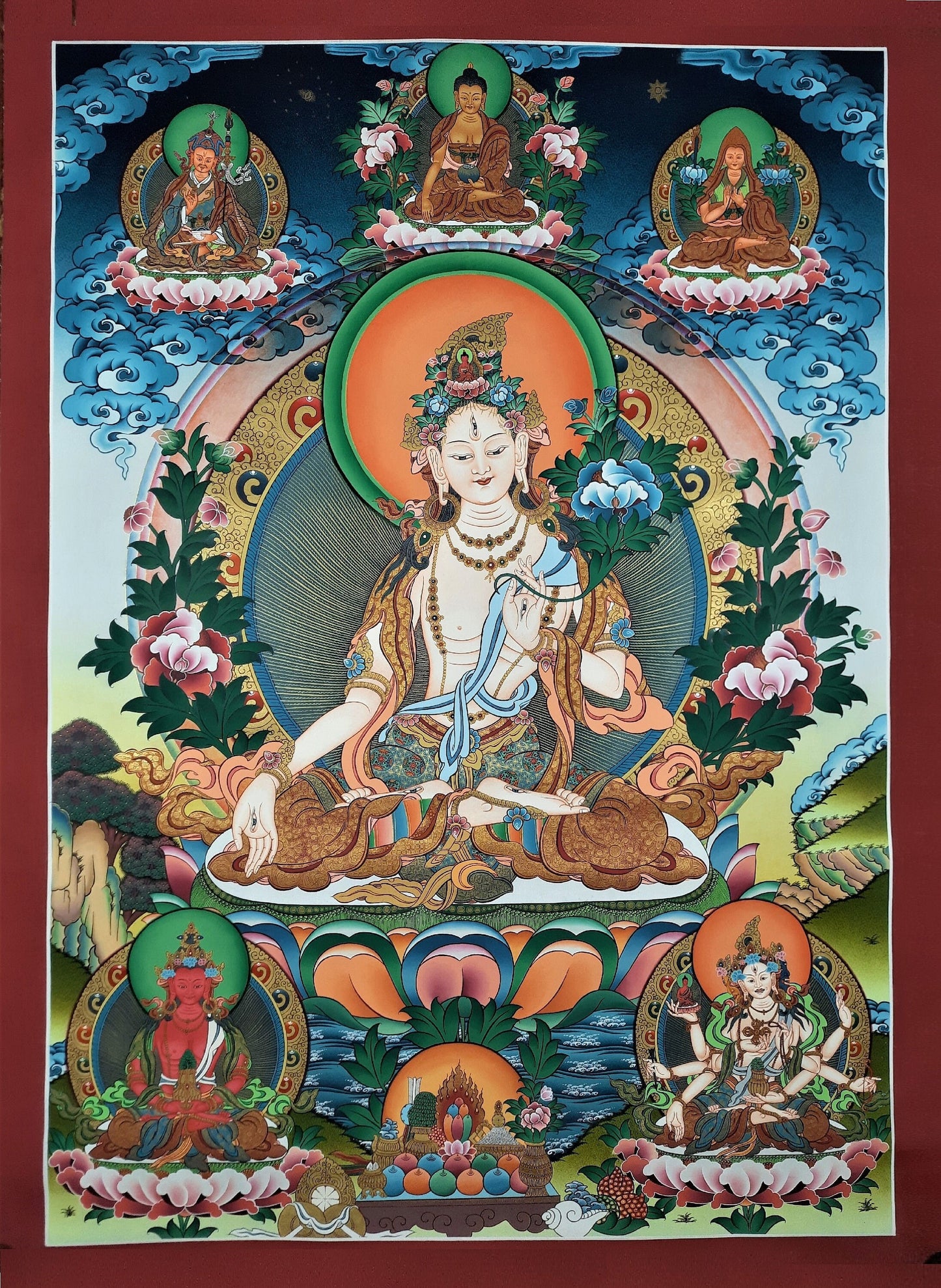 White Tara Thangka Painting: 24K Gold, Handmade Tibetan Art